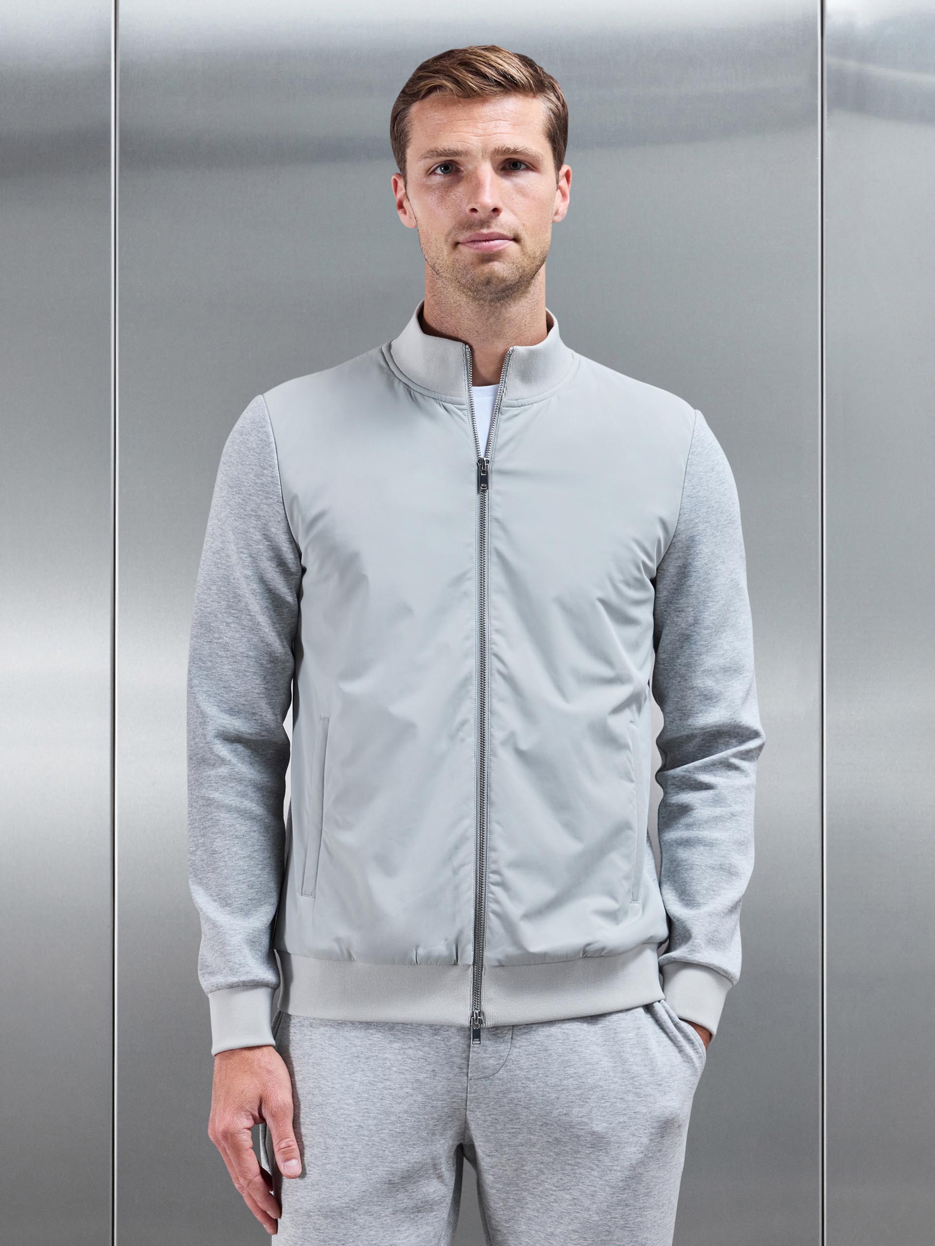 Interlock Jersey Hybrid Funnel Neck Jacket in Marl Grey