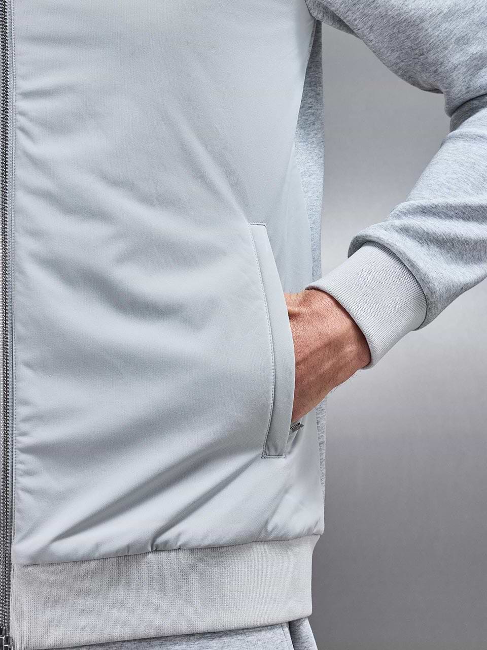 Interlock Jersey Hybrid Funnel Neck Jacket in Marl Grey