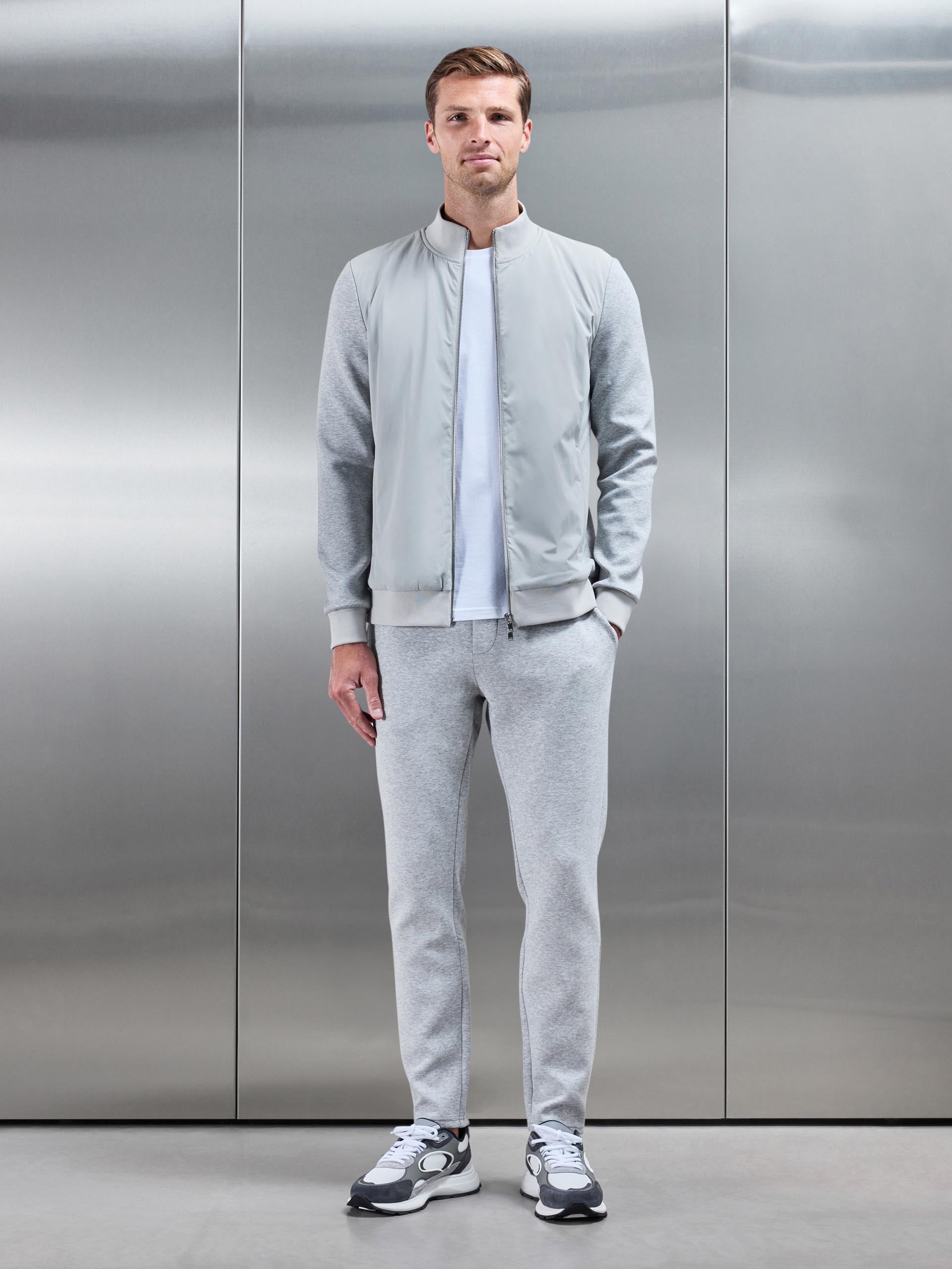 Interlock Jersey Hybrid Funnel Neck Jacket in Marl Grey