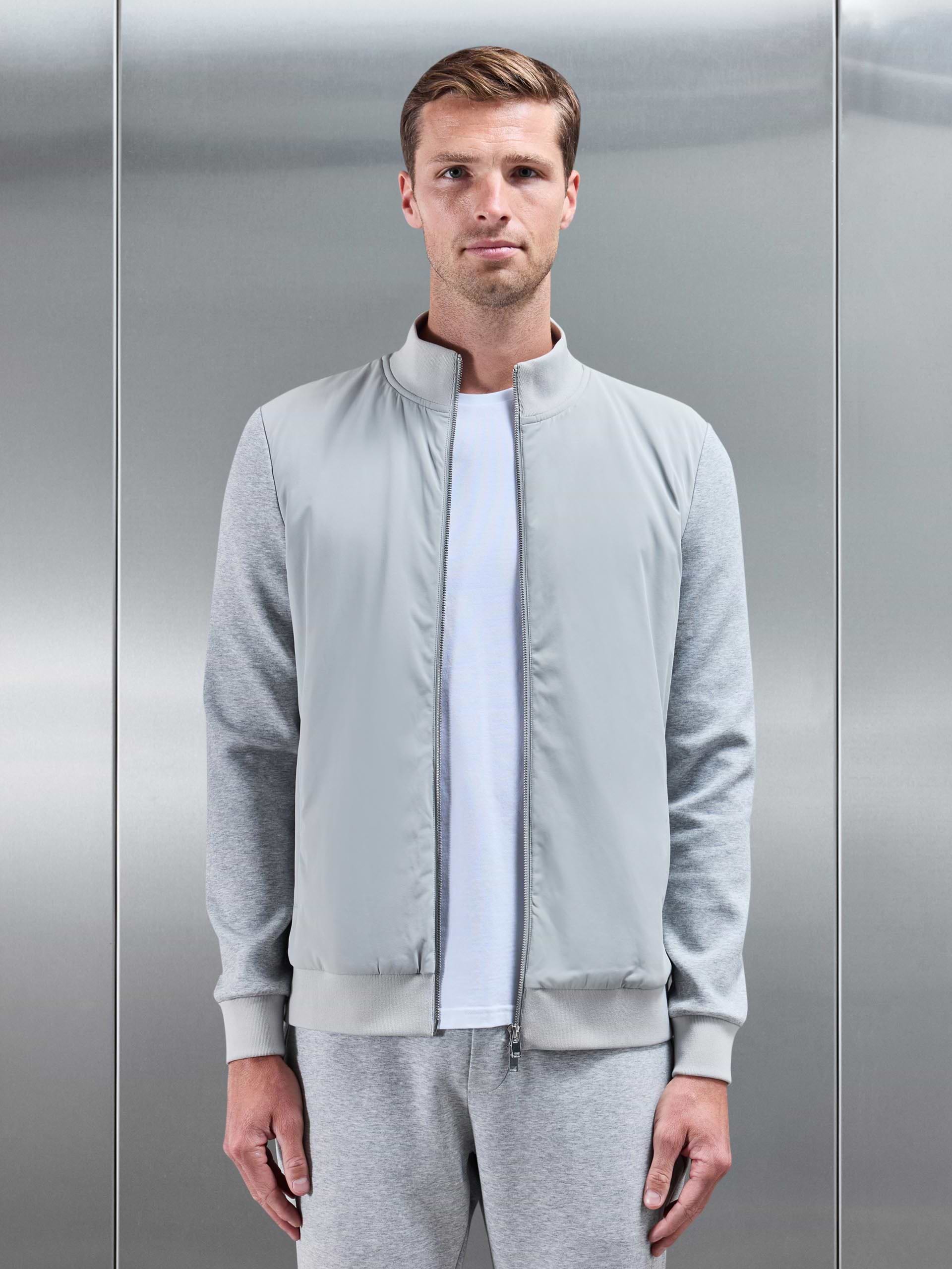 Interlock Jersey Hybrid Funnel Neck Jacket in Marl Grey
