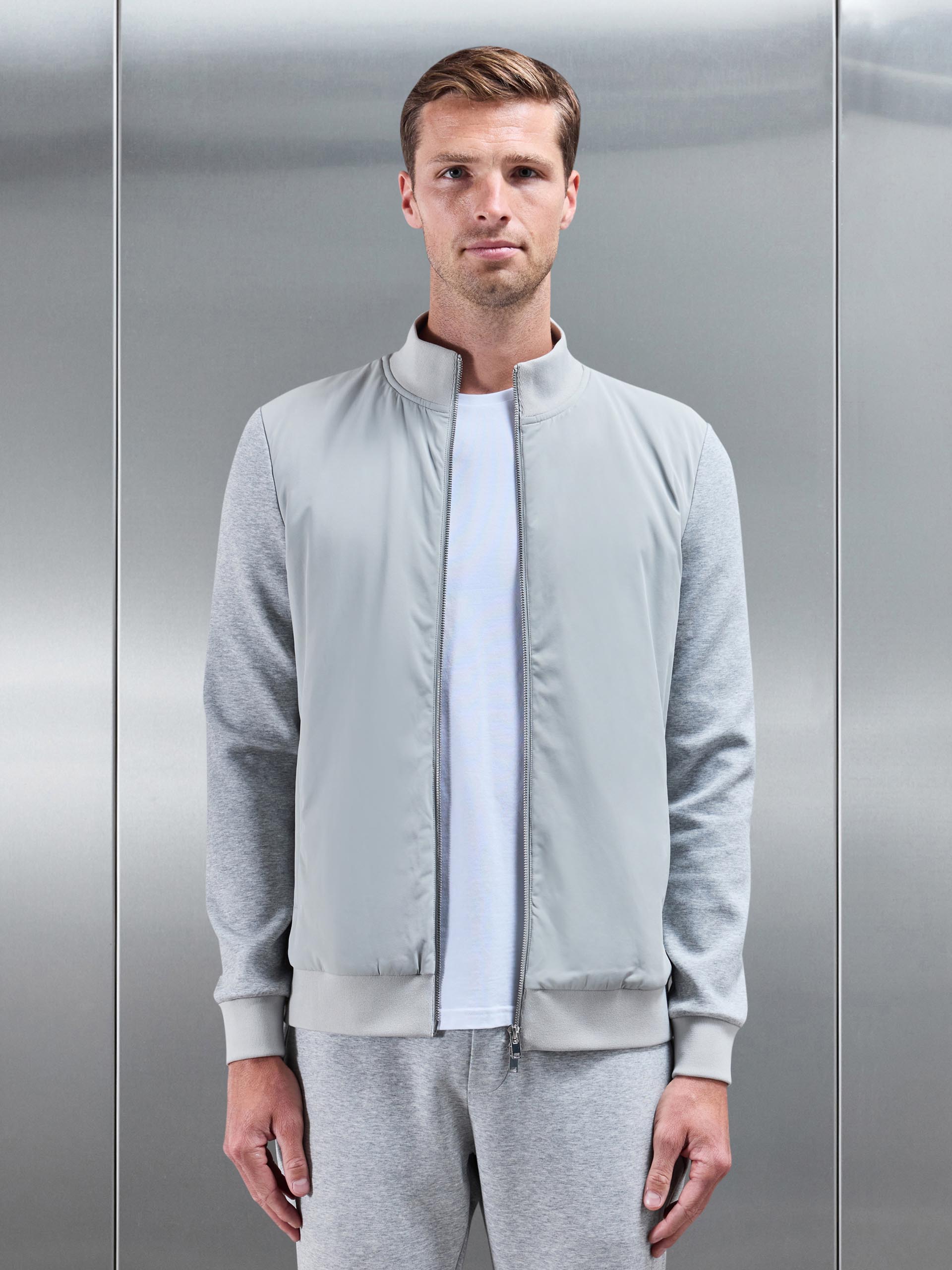 Interlock Jersey Hybrid Funnel Neck Jacket in Marl Grey