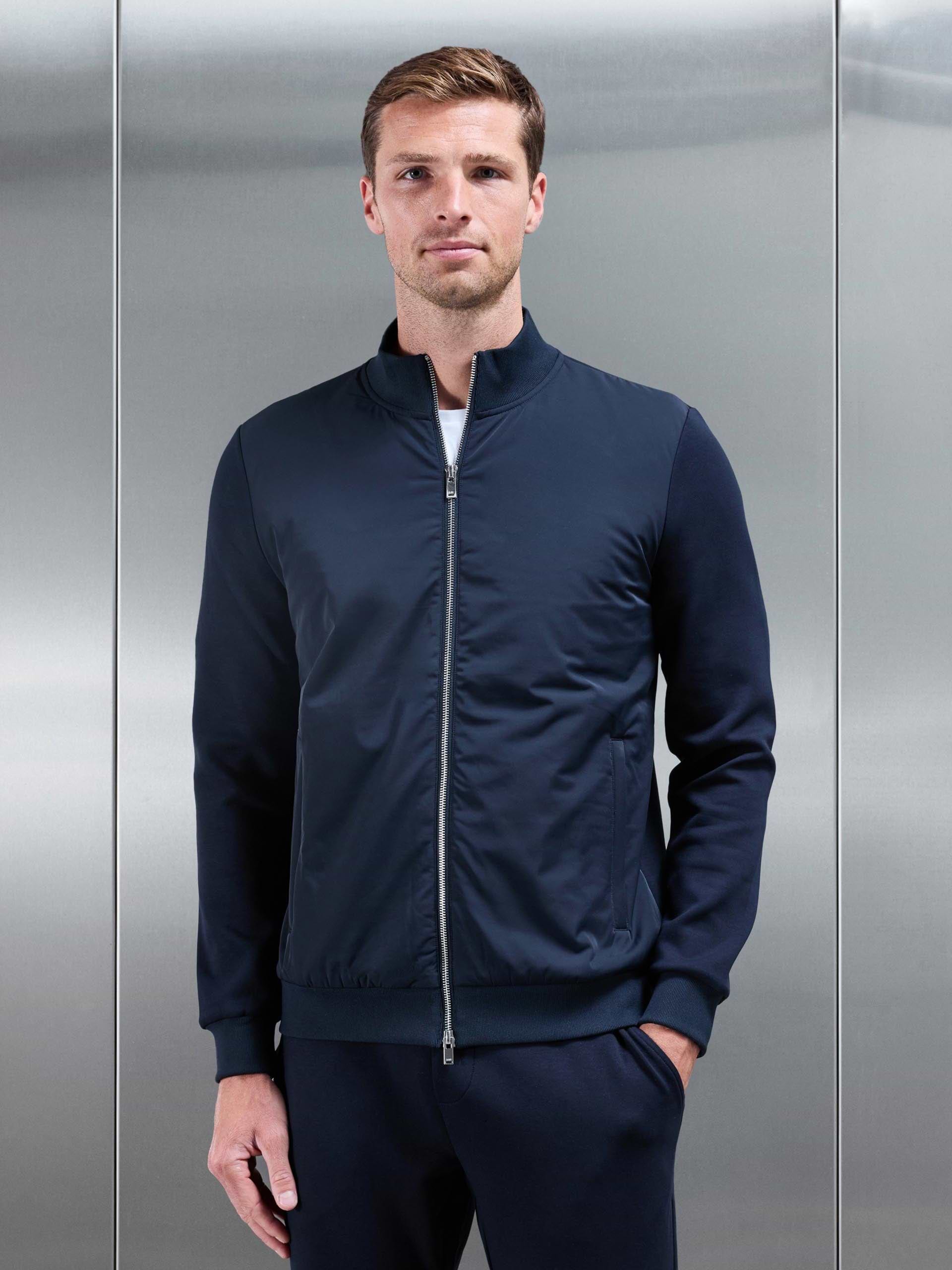 Interlock Jersey Hybrid Funnel Neck Jacket in Navy