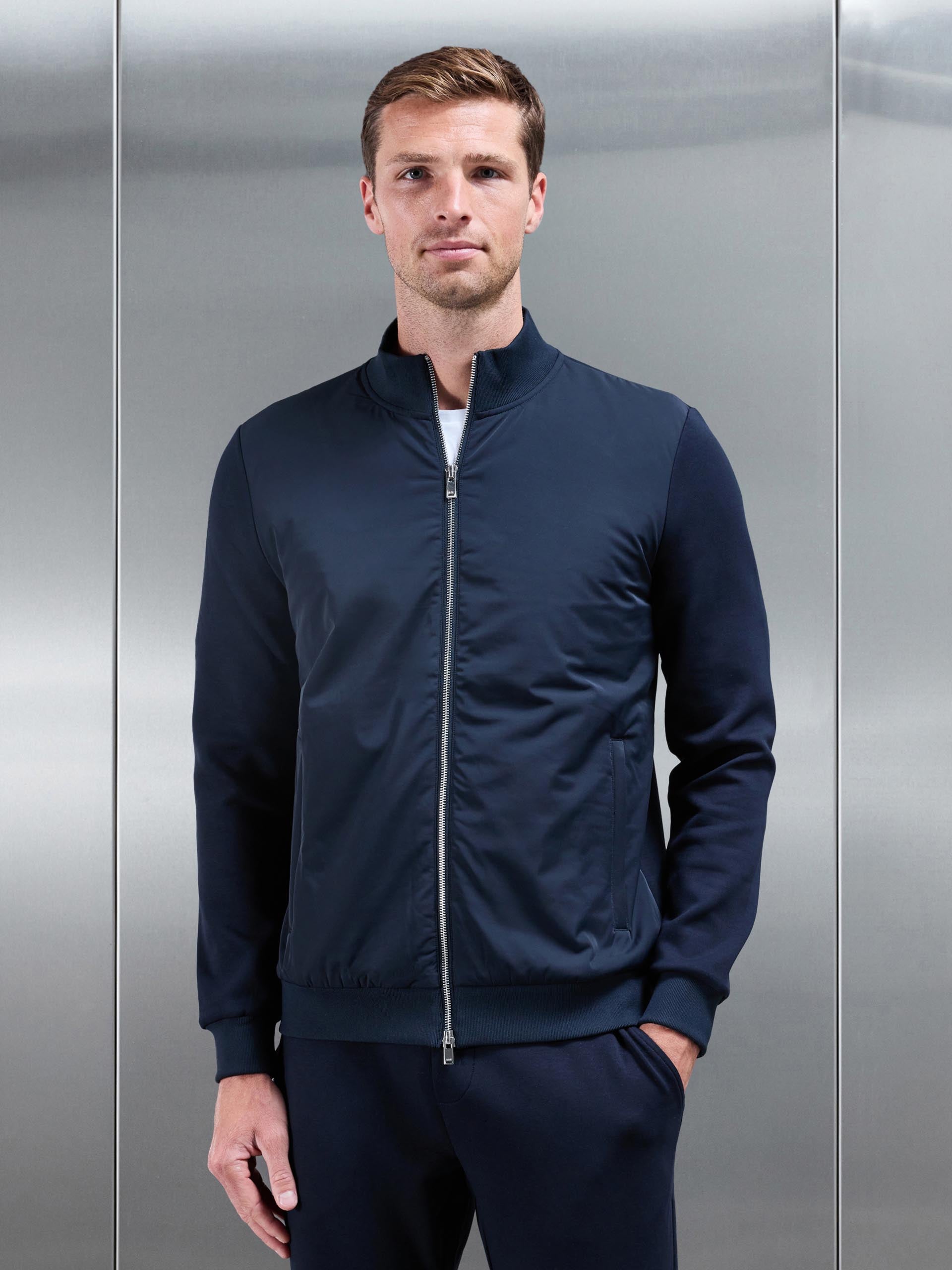 Interlock Jersey Hybrid Funnel Neck Jacket in Navy