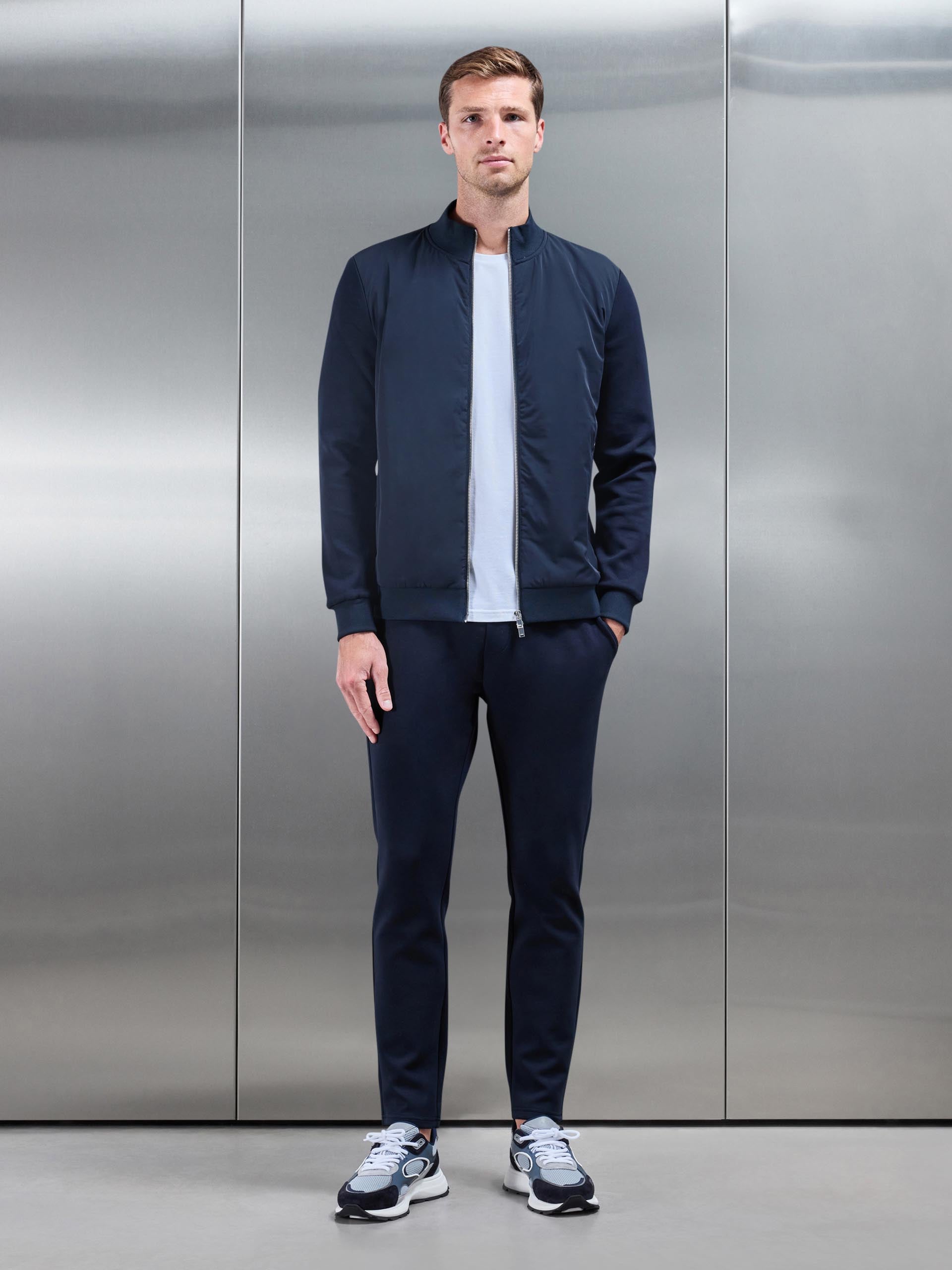 Interlock Jersey Hybrid Funnel Neck Jacket in Navy