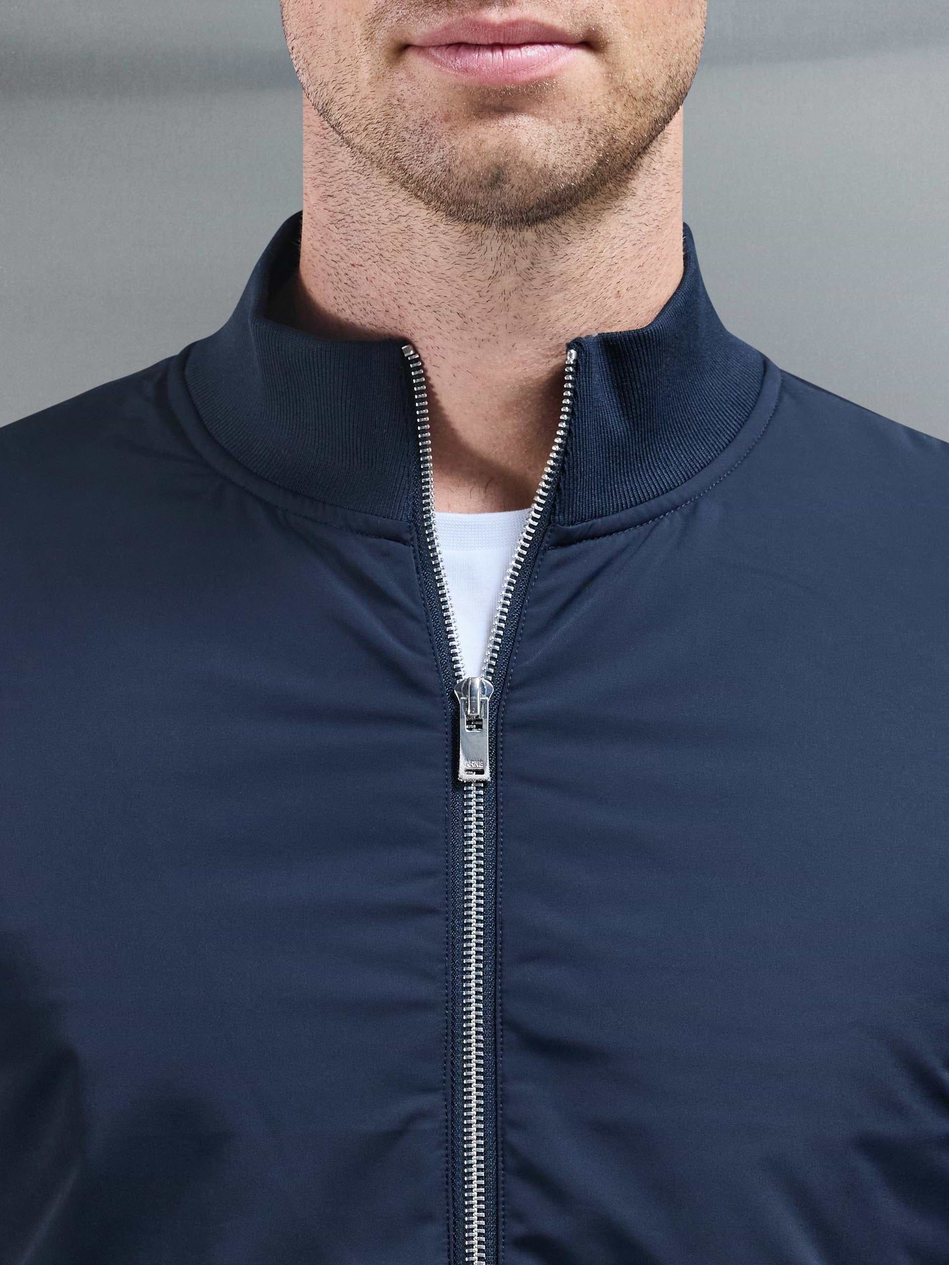 Interlock Jersey Hybrid Funnel Neck Jacket in Navy