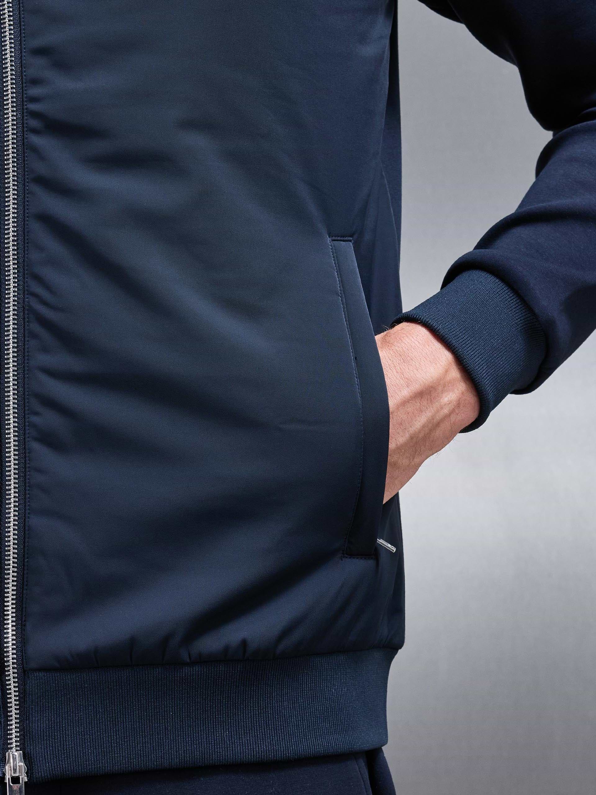 Interlock Jersey Hybrid Funnel Neck Jacket in Navy