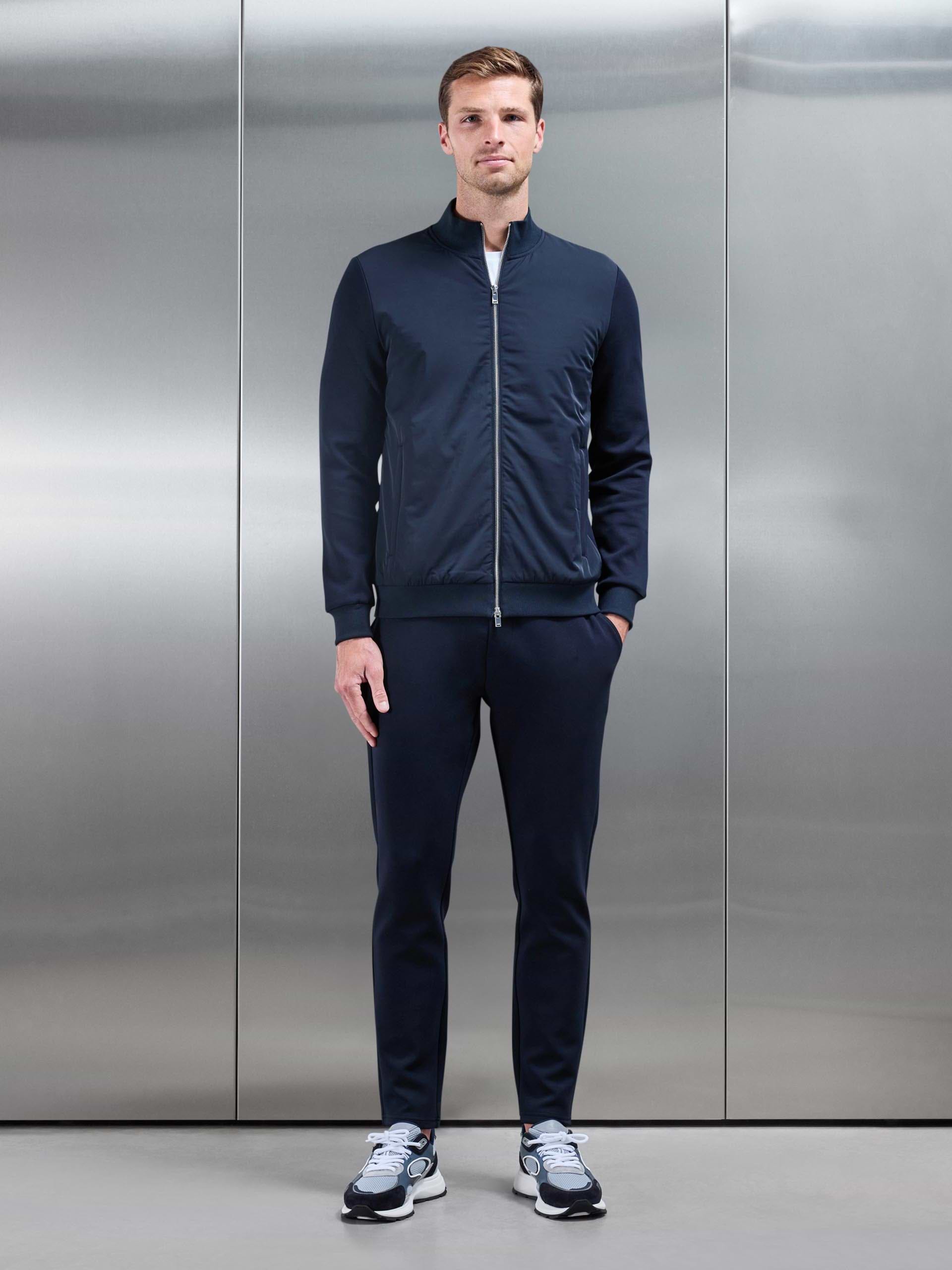 Interlock Jersey Hybrid Funnel Neck Jacket in Navy
