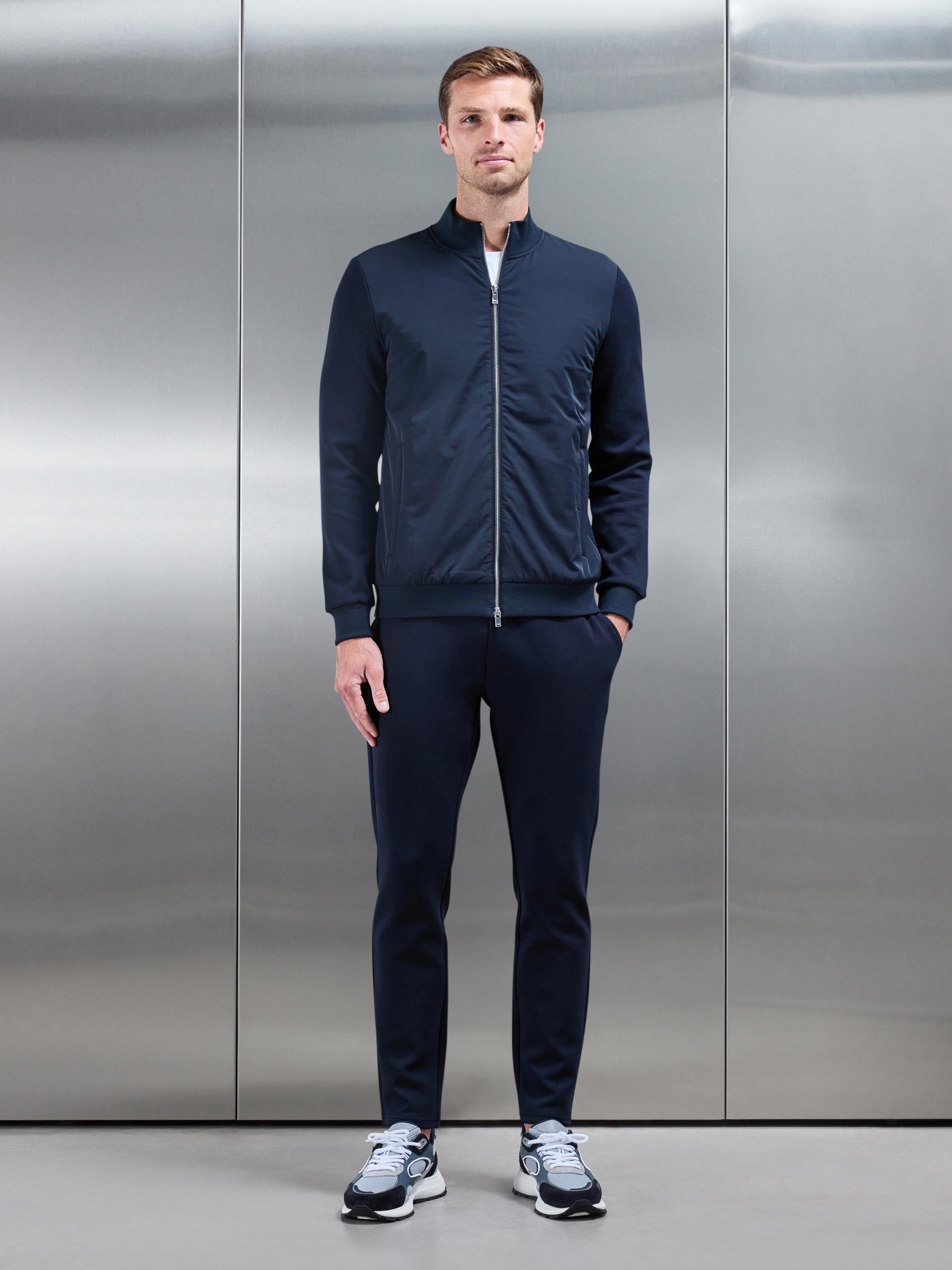 Interlock Jersey Hybrid Funnel Neck Jacket in Navy