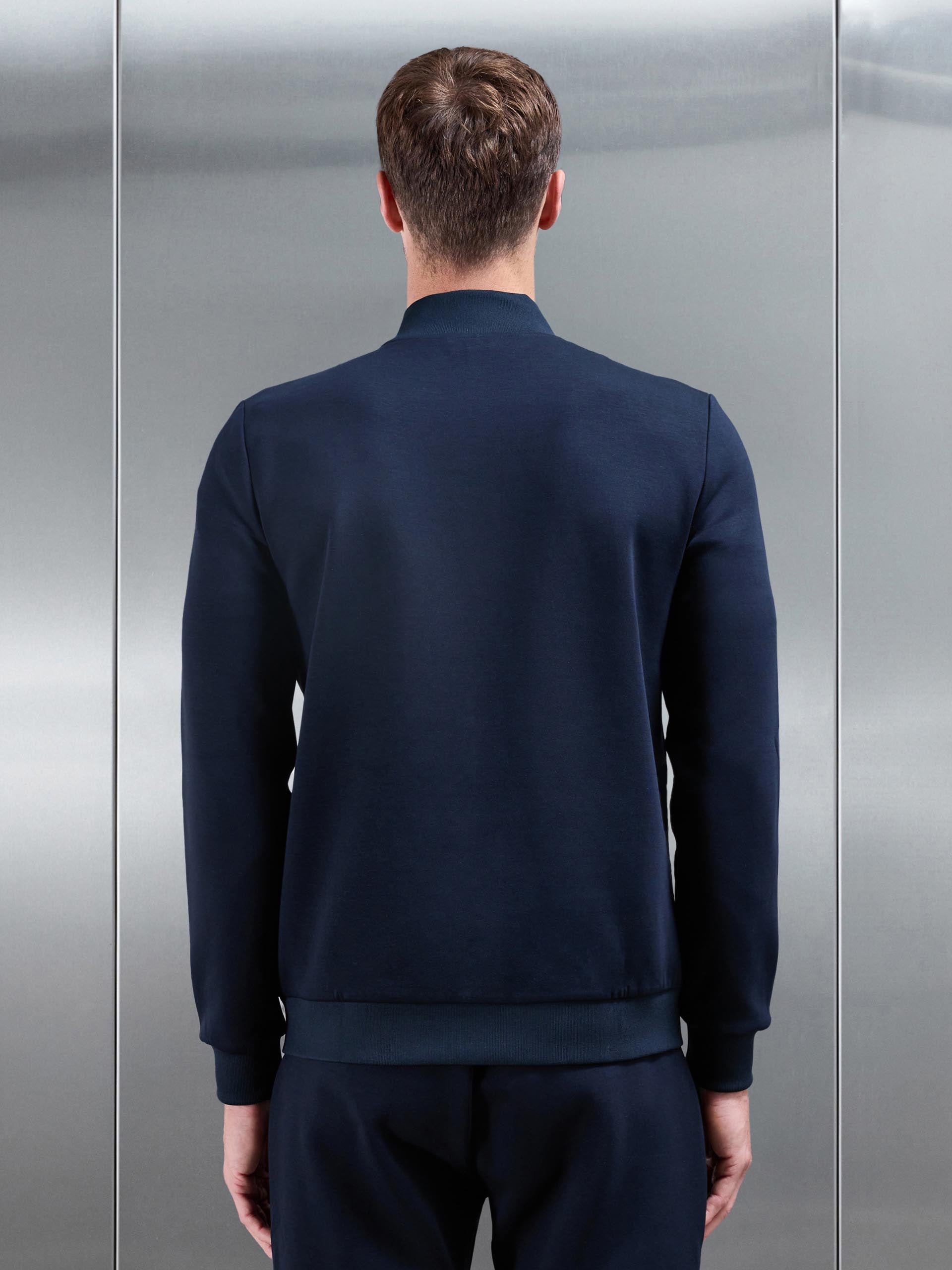Interlock Jersey Hybrid Funnel Neck Jacket in Navy