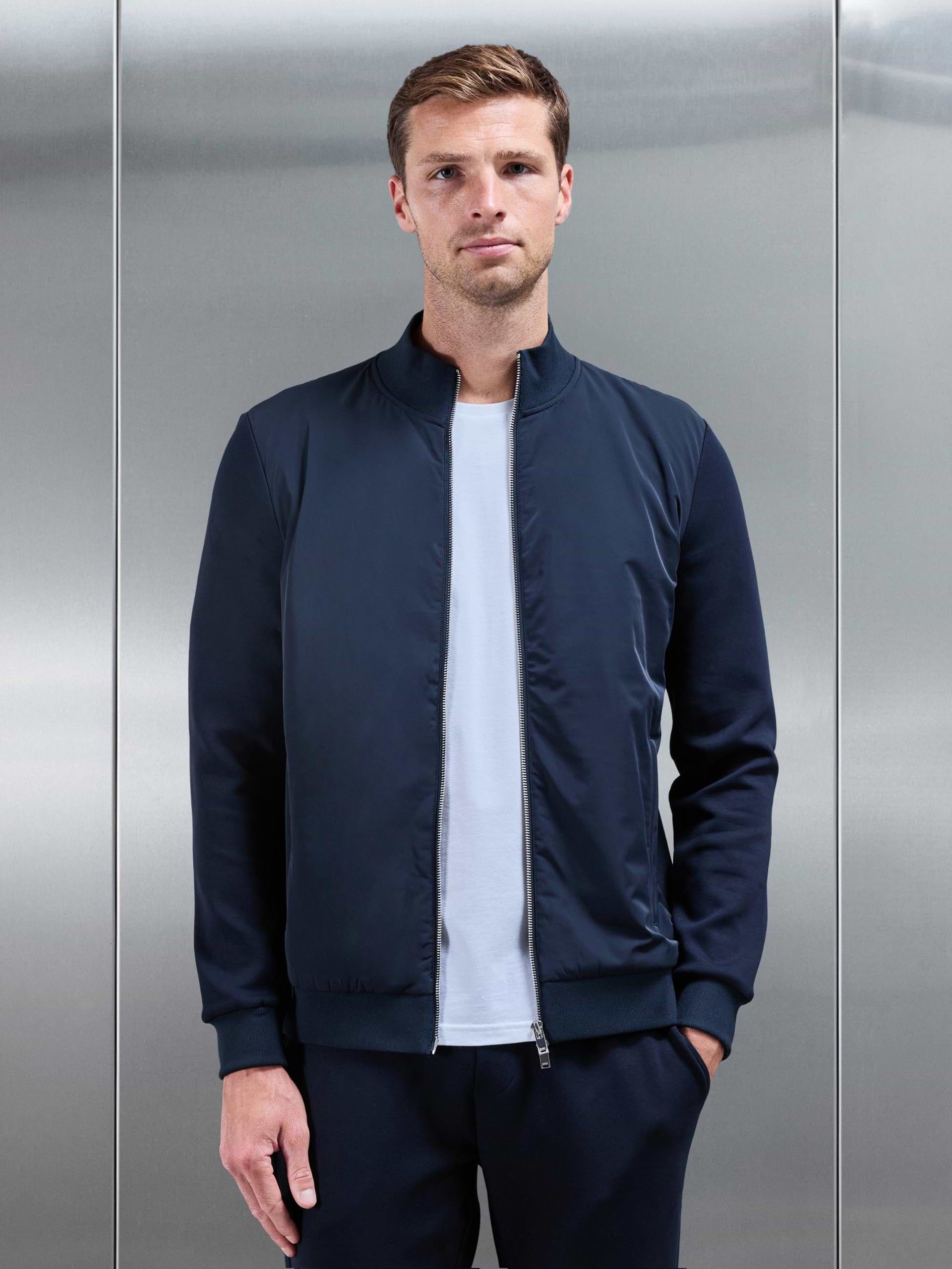 Interlock Jersey Hybrid Funnel Neck Jacket in Navy