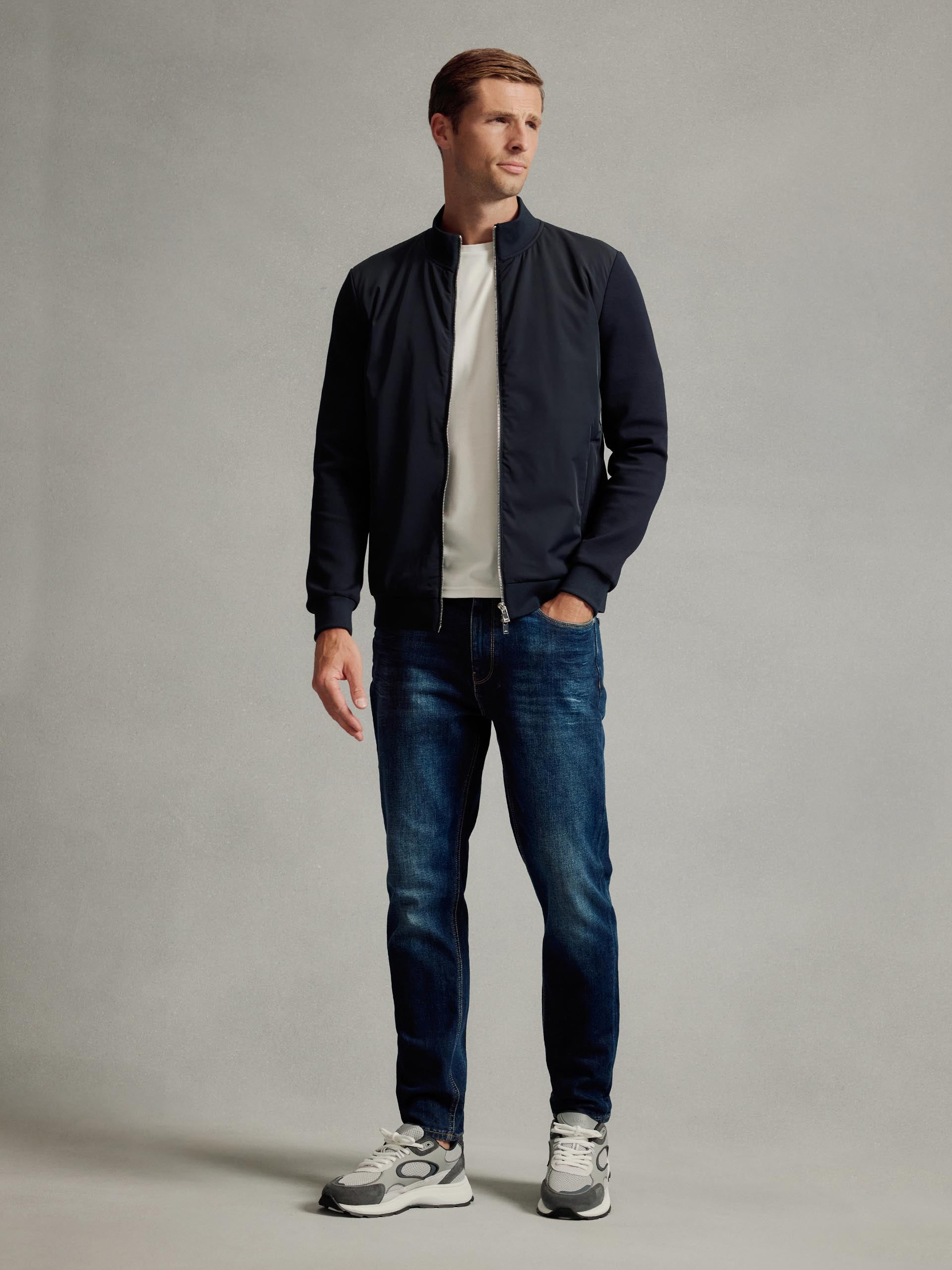 Interlock Jersey Hybrid Funnel Neck Jacket in Navy