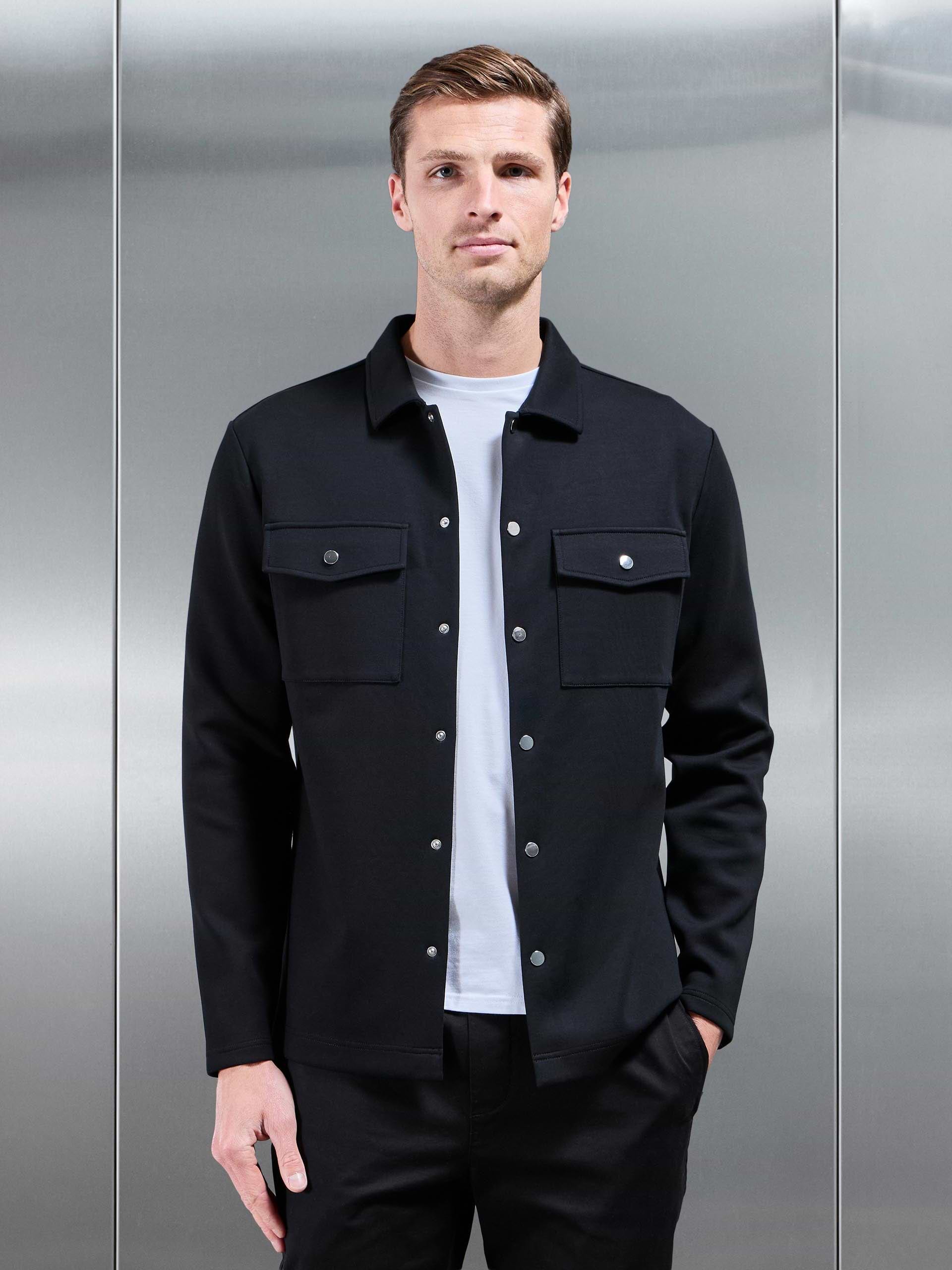 Interlock Jersey Pocket Popper Overshirt in Black