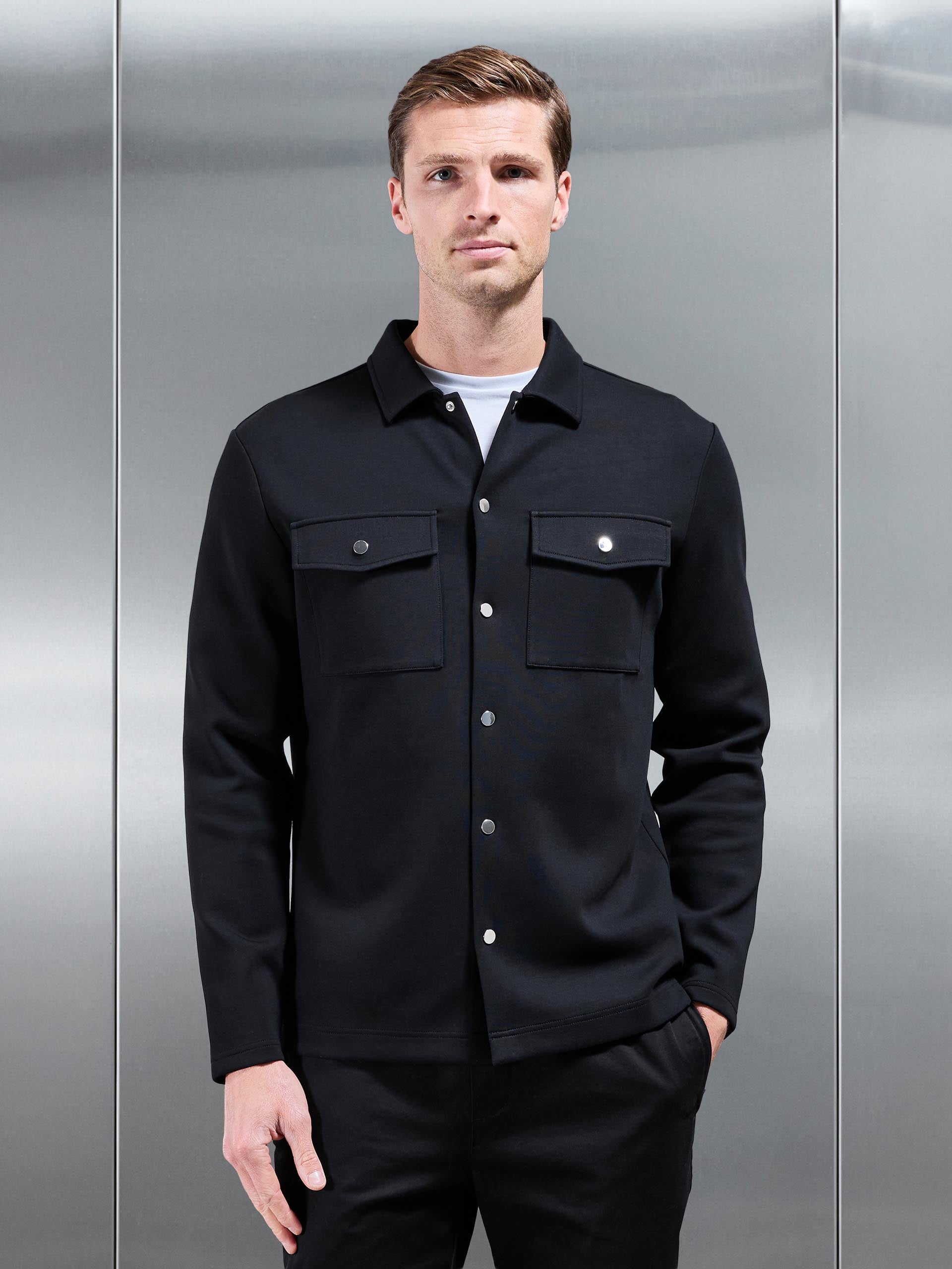 Interlock Jersey Pocket Popper Overshirt in Black
