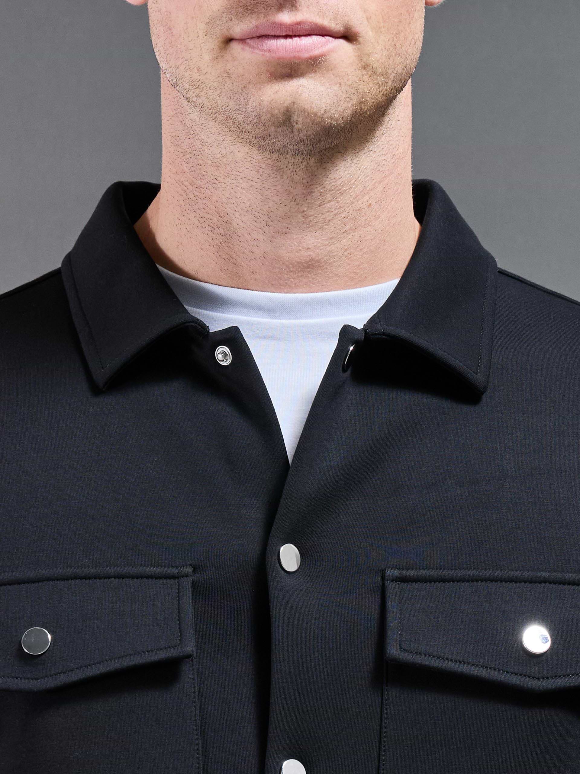 Interlock Jersey Pocket Popper Overshirt in Black