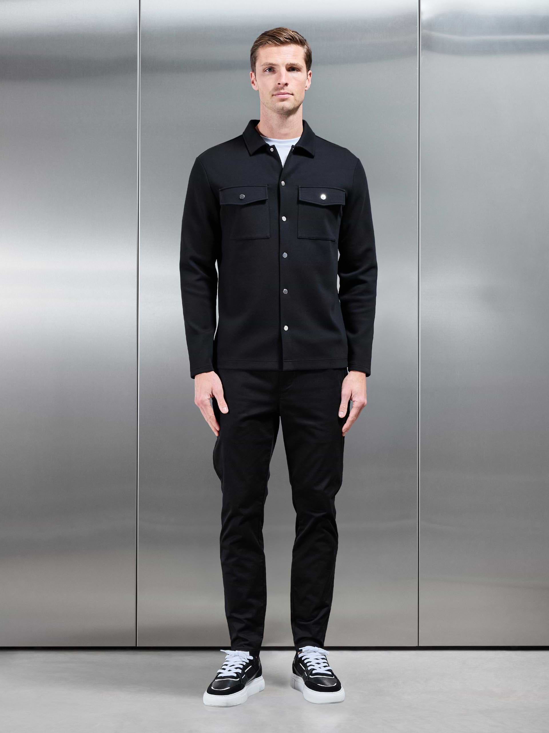Interlock Jersey Pocket Popper Overshirt in Black