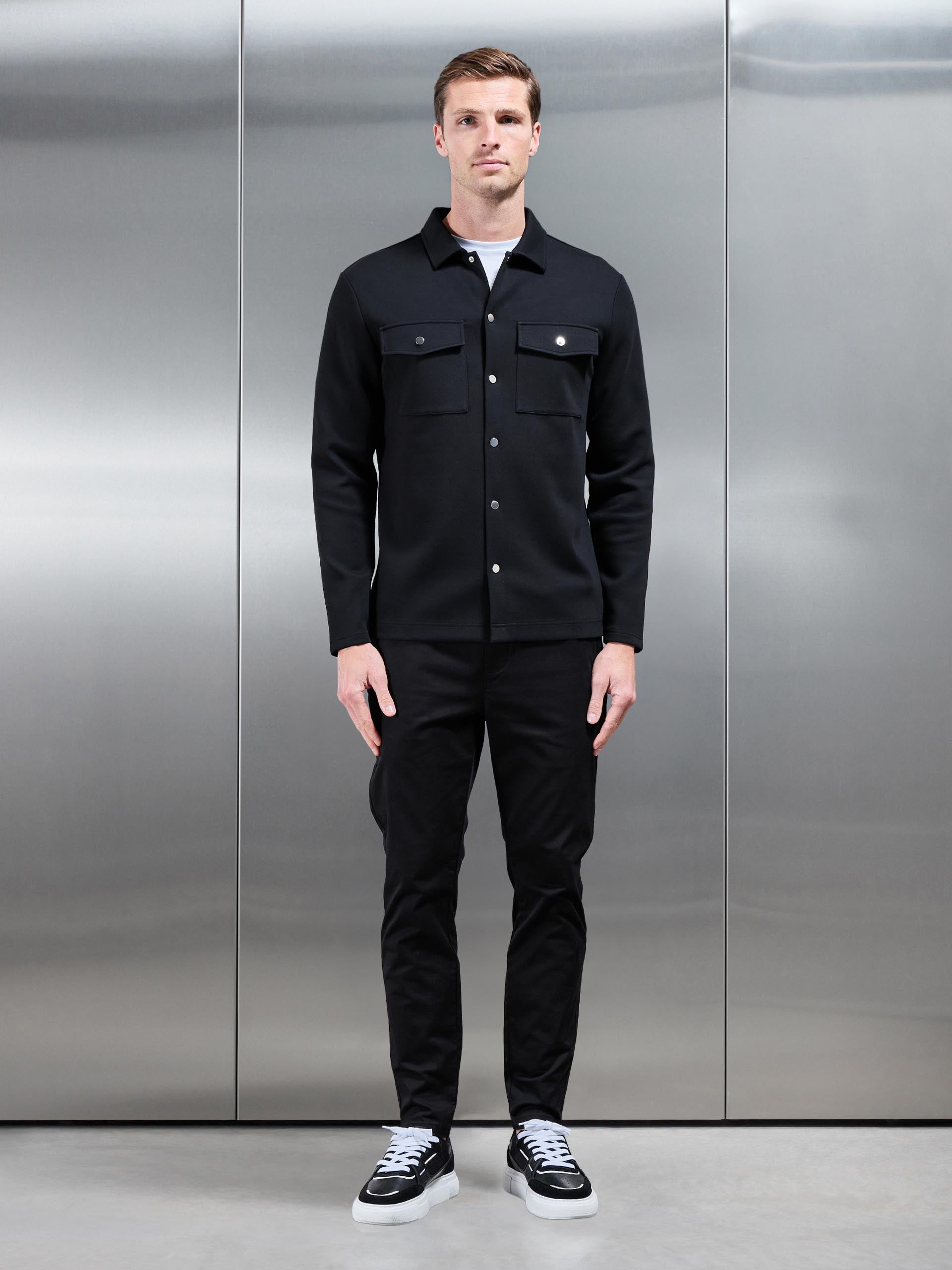 Interlock Jersey Pocket Popper Overshirt in Black