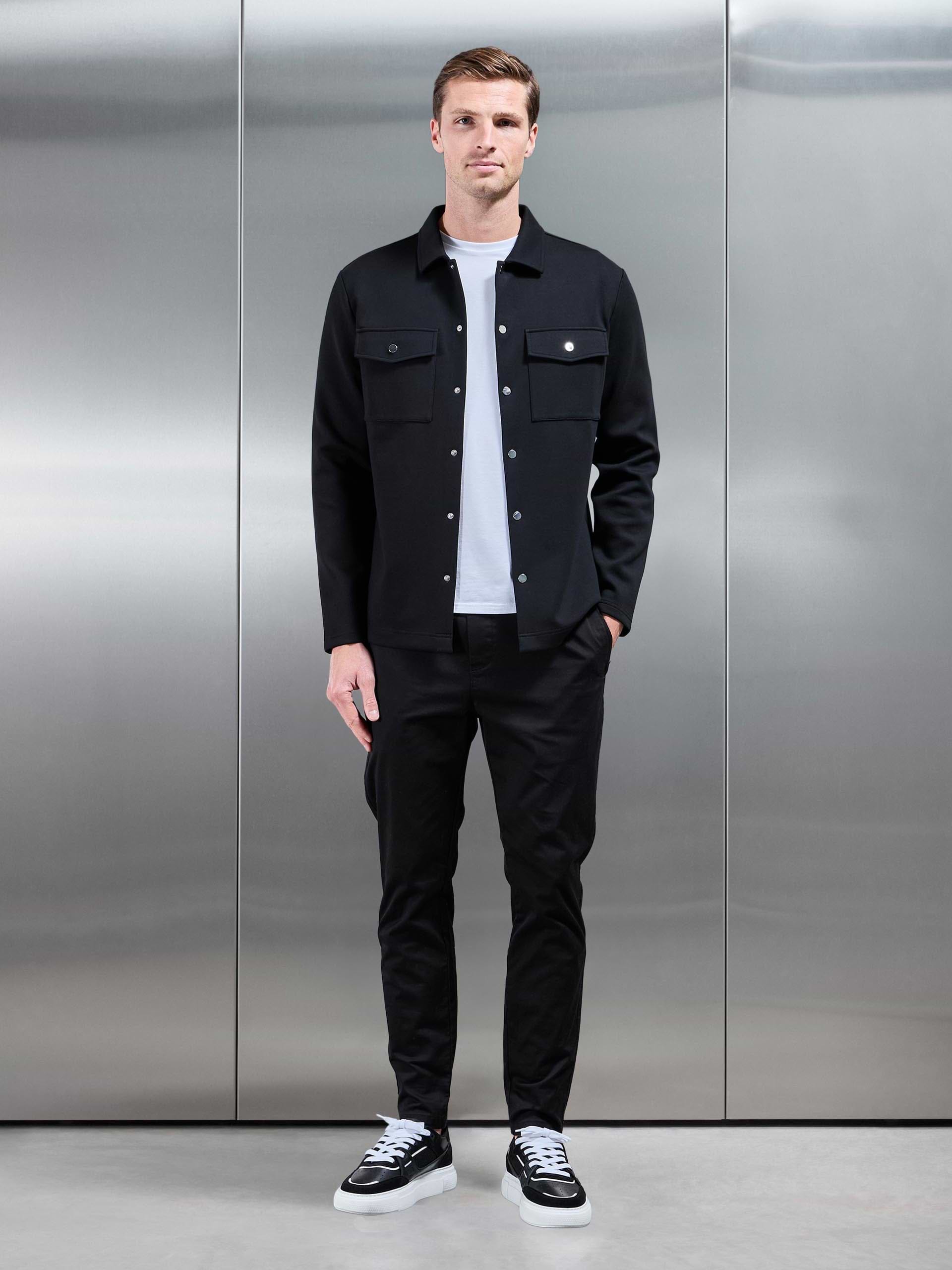 Interlock Jersey Pocket Popper Overshirt in Black