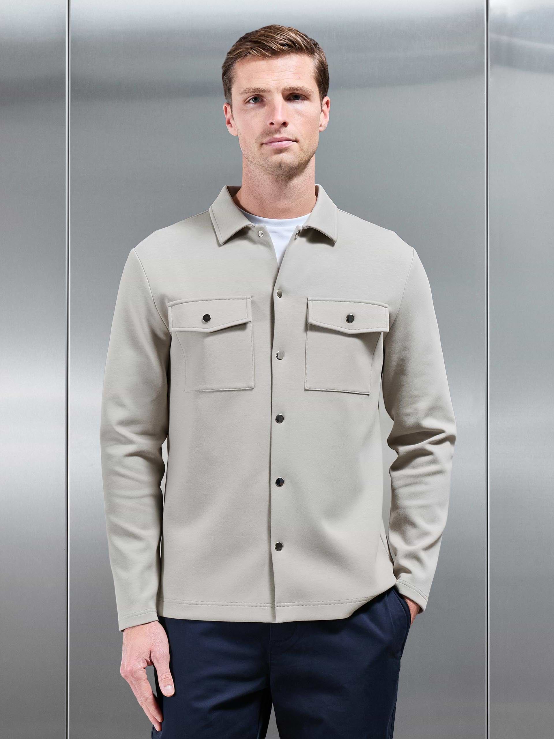 Interlock Jersey Pocket Popper Overshirt in Stone