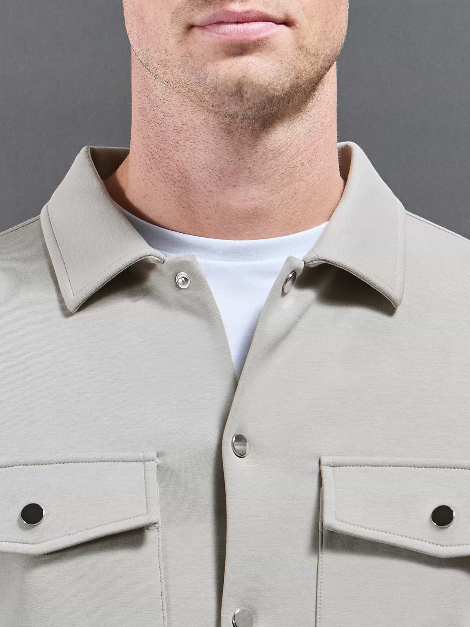 Interlock Jersey Pocket Popper Overshirt in Stone