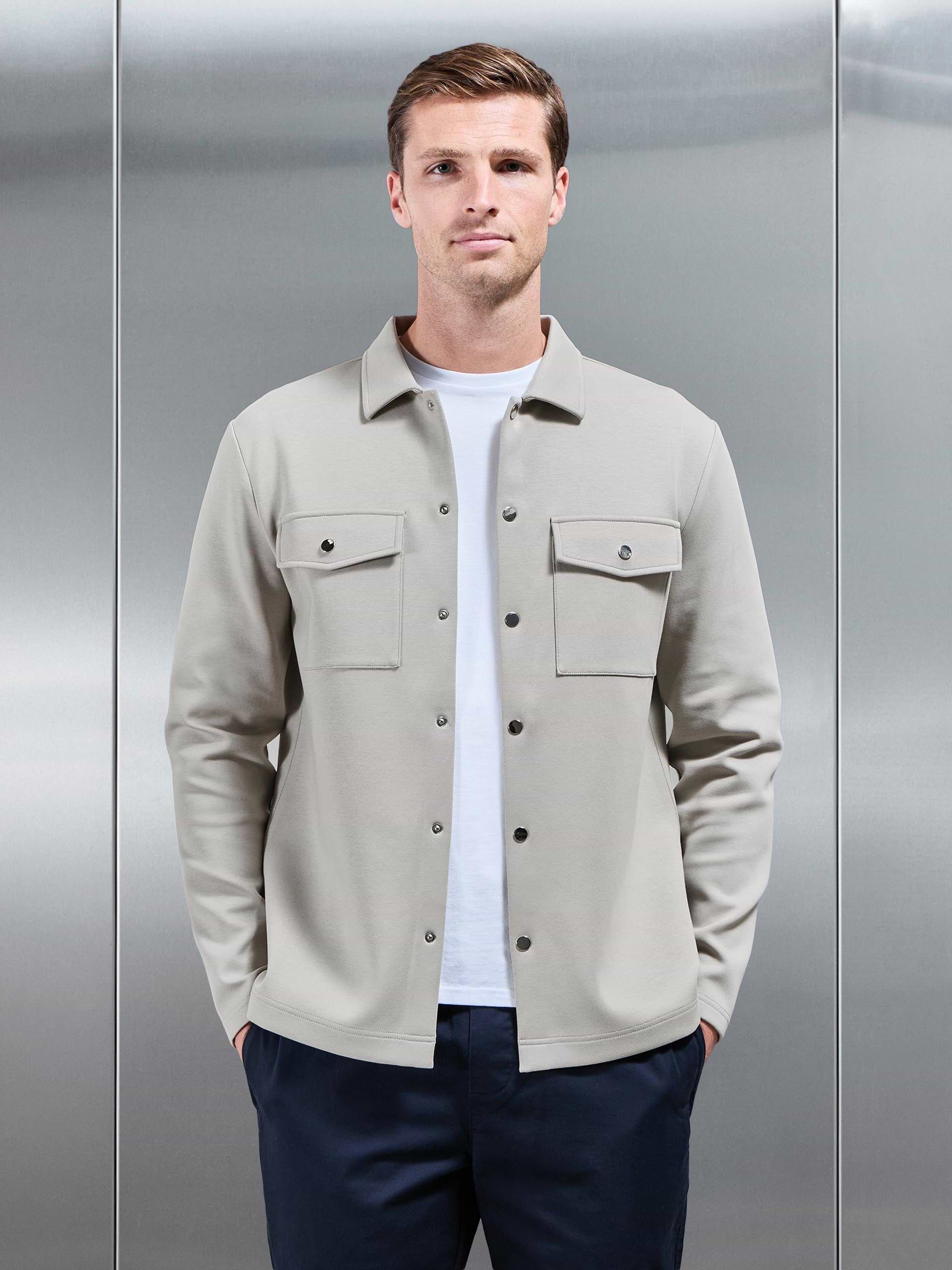 Interlock Jersey Pocket Popper Overshirt in Stone