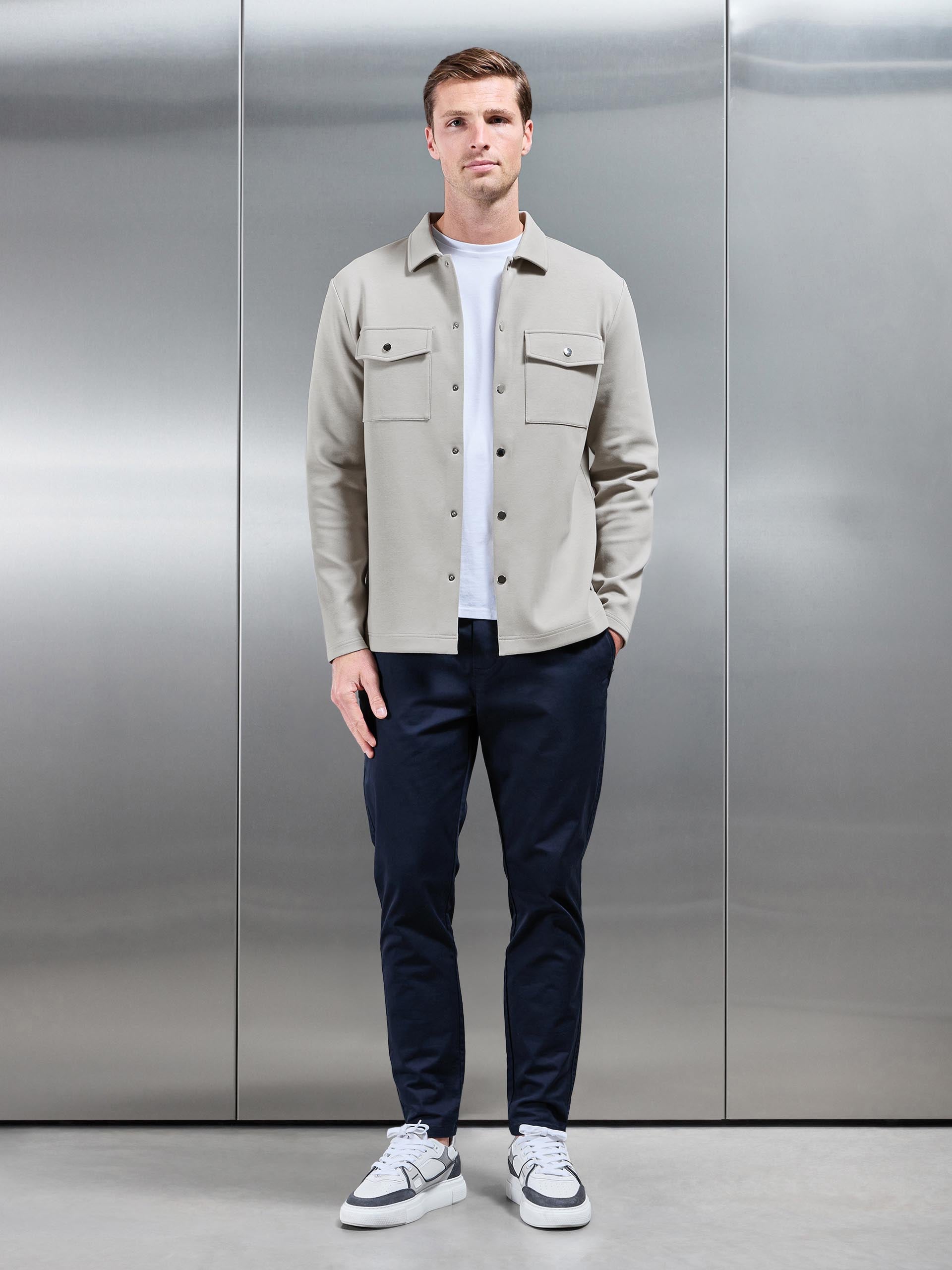 Interlock Jersey Pocket Popper Overshirt in Stone