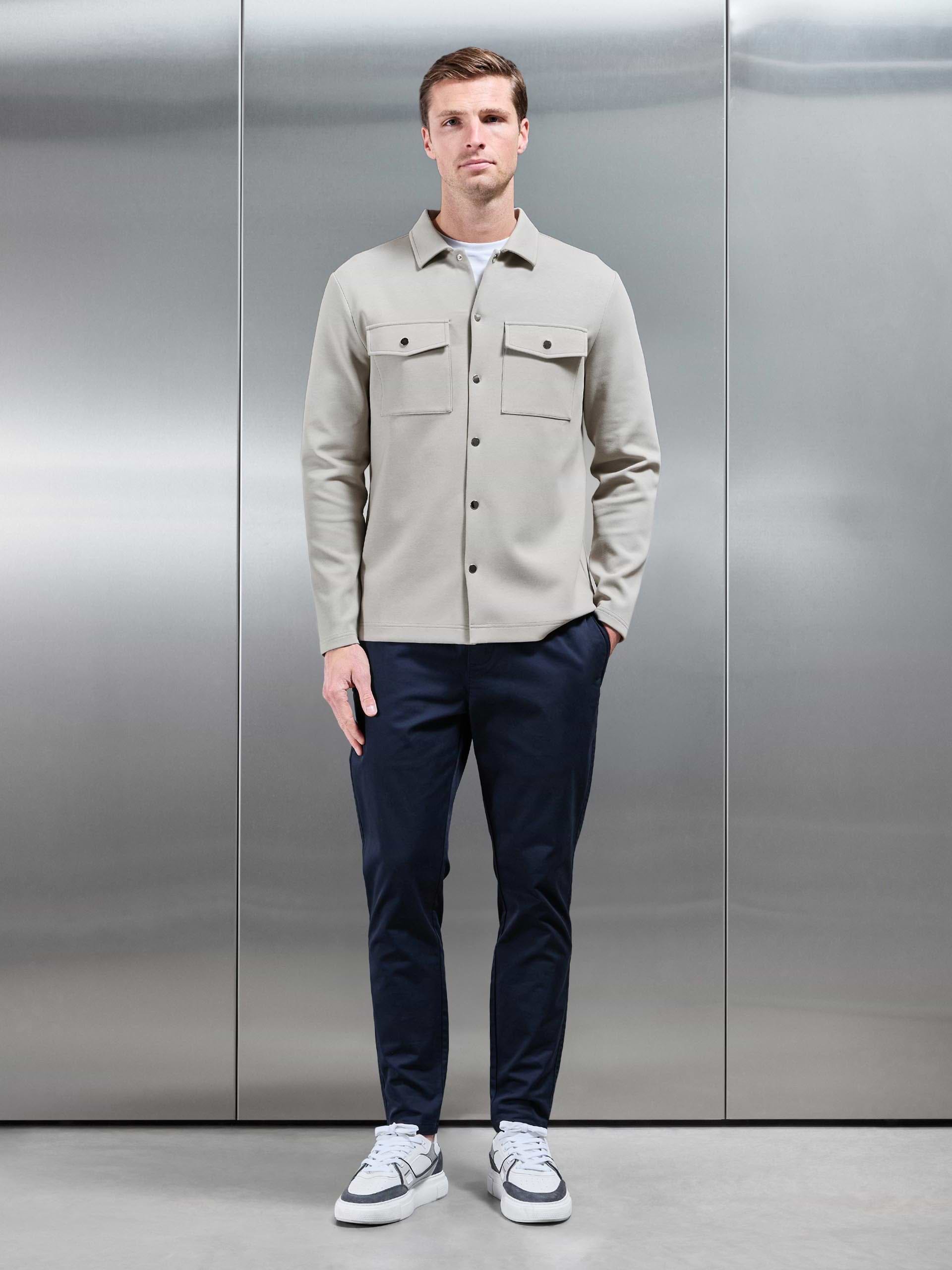 Interlock Jersey Pocket Popper Overshirt in Stone