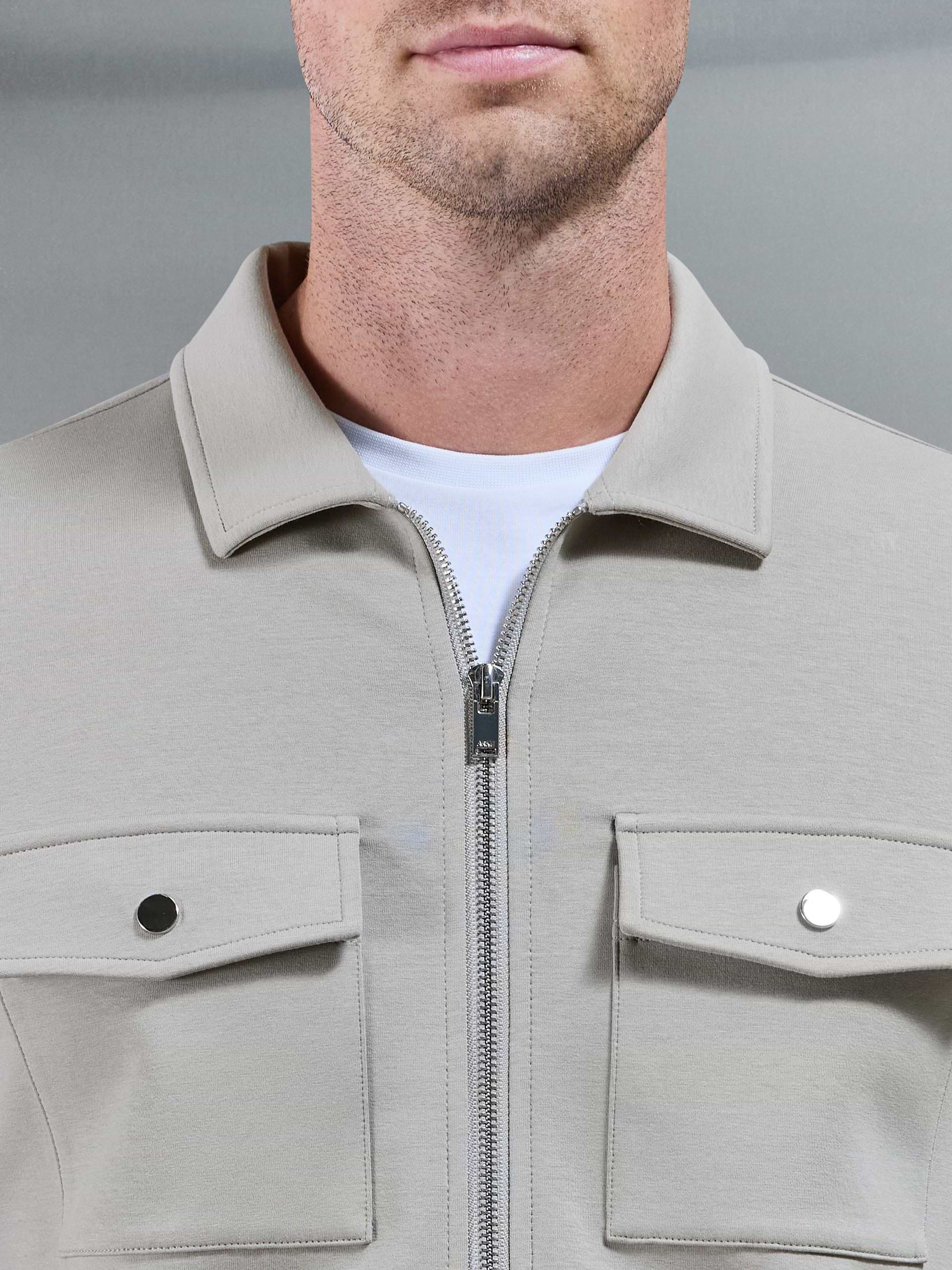 Interlock Jersey Pocket Zip Through Overshirt in Stone