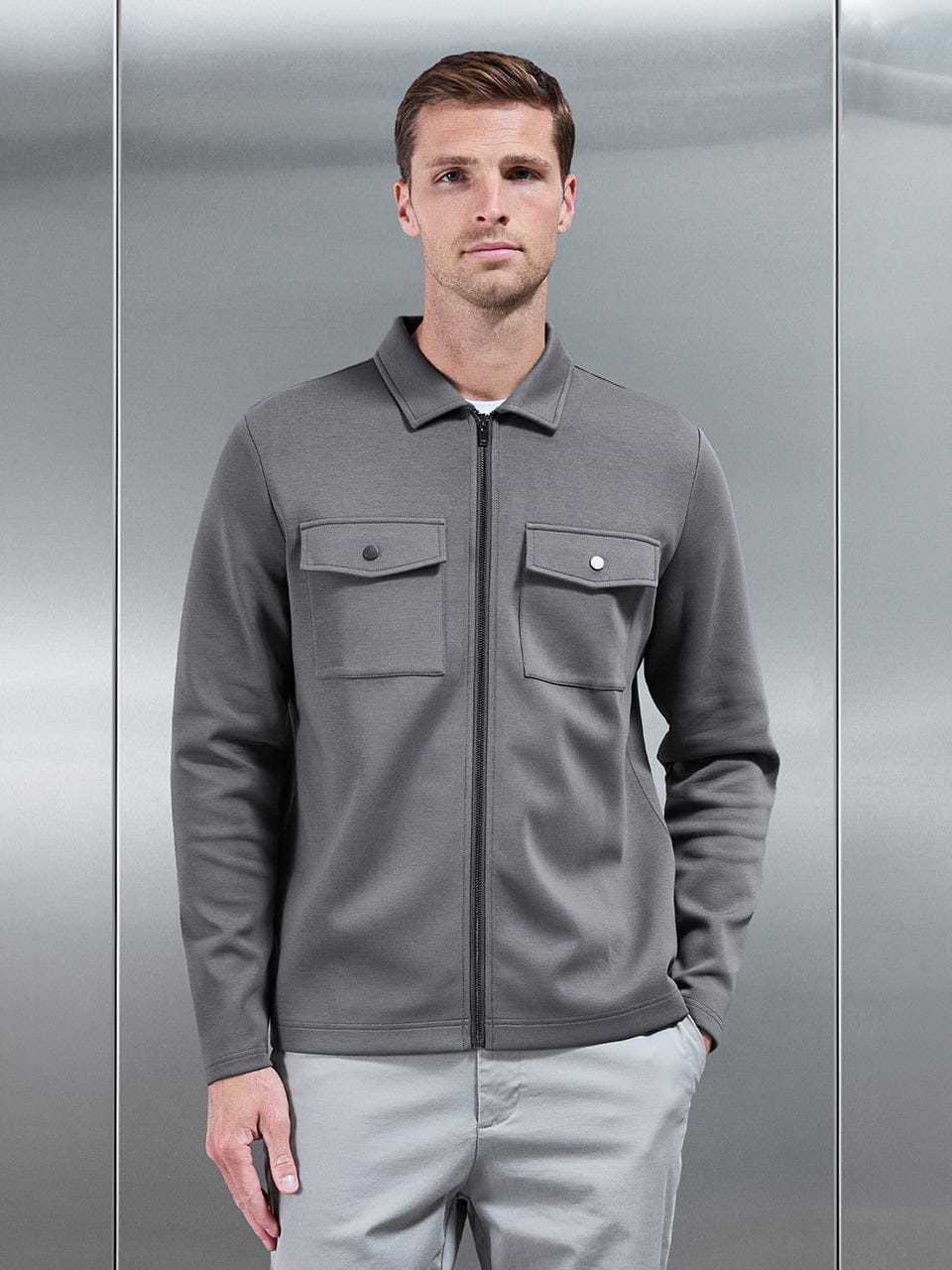 Interlock Jersey Pocket Zip Through Overshirt in Charcoal