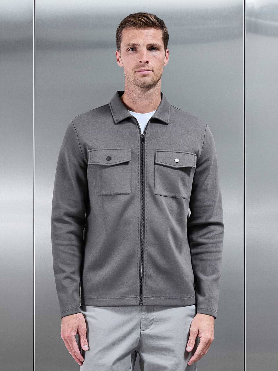 Interlock Jersey Pocket Zip Through Overshirt in Charcoal