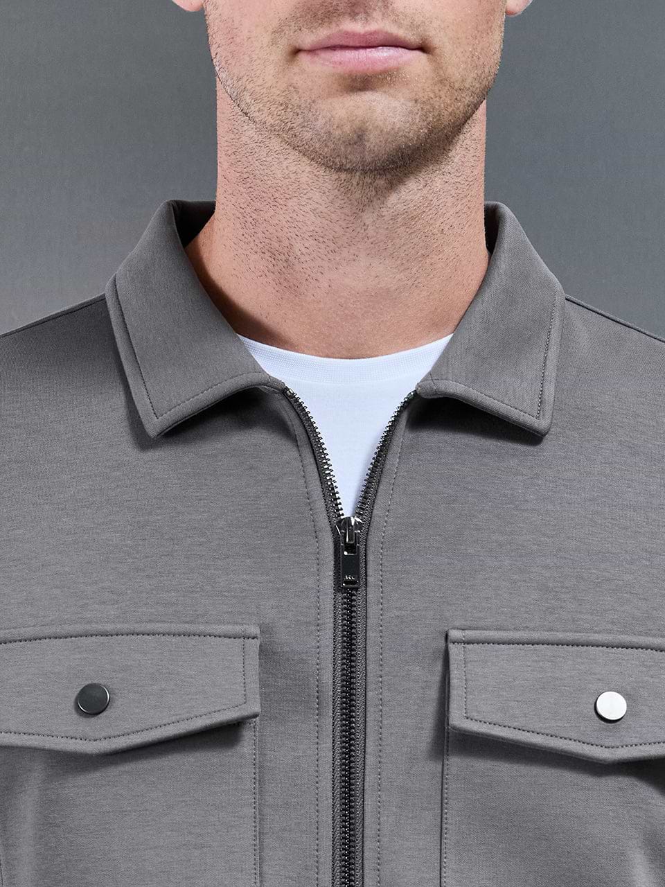 Interlock Jersey Pocket Zip Through Overshirt in Charcoal
