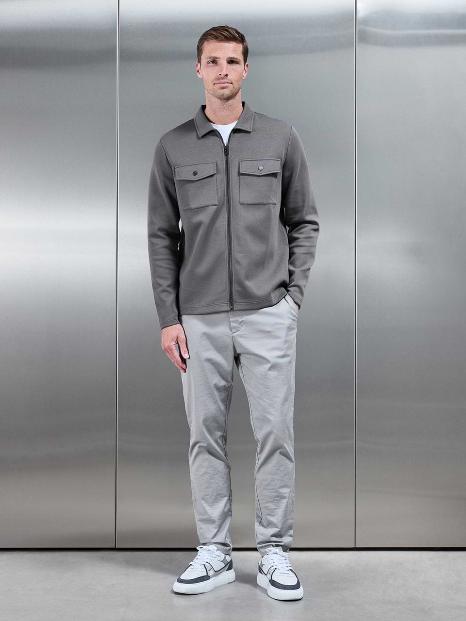 Interlock Jersey Pocket Zip Through Overshirt in Charcoal