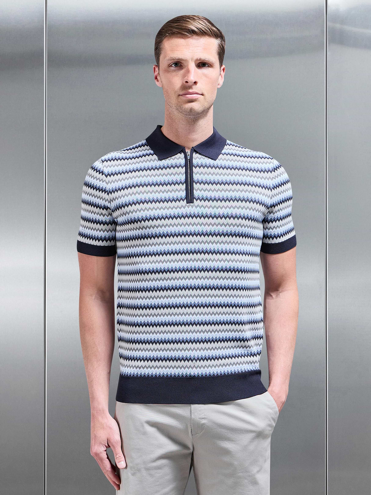 Jacquard Zig Zag Knitted Zip Polo Shirt in Navy | ARNE UK