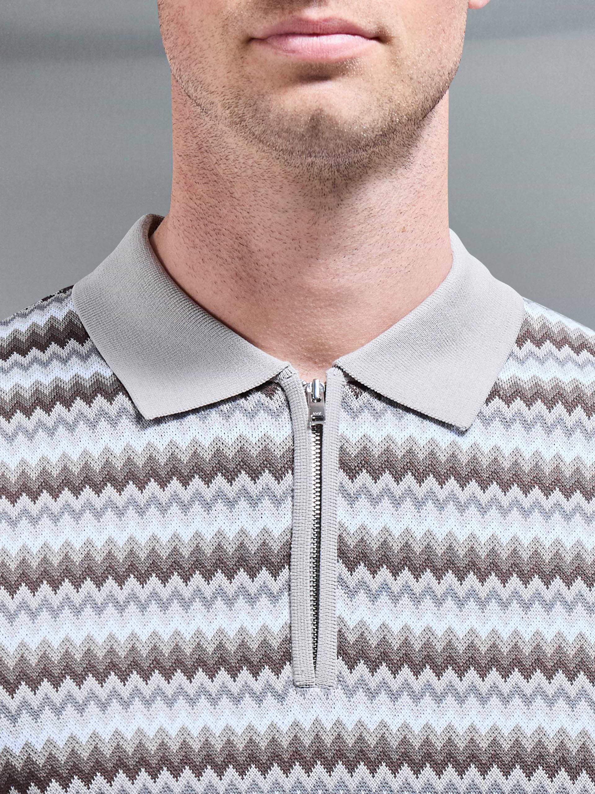 Jacquard Zig Zag Knitted Zip Polo Shirt in Stone