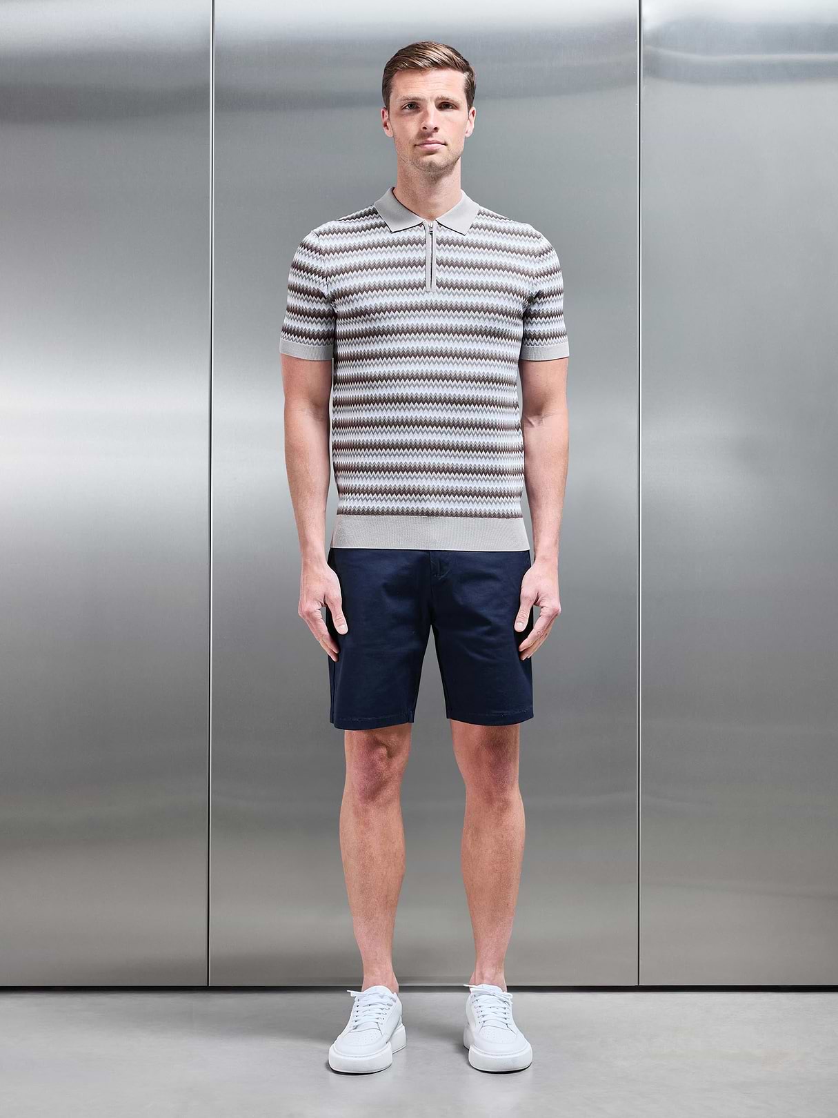 Jacquard Zig Zag Knitted Zip Polo Shirt in Stone | ARNE UK