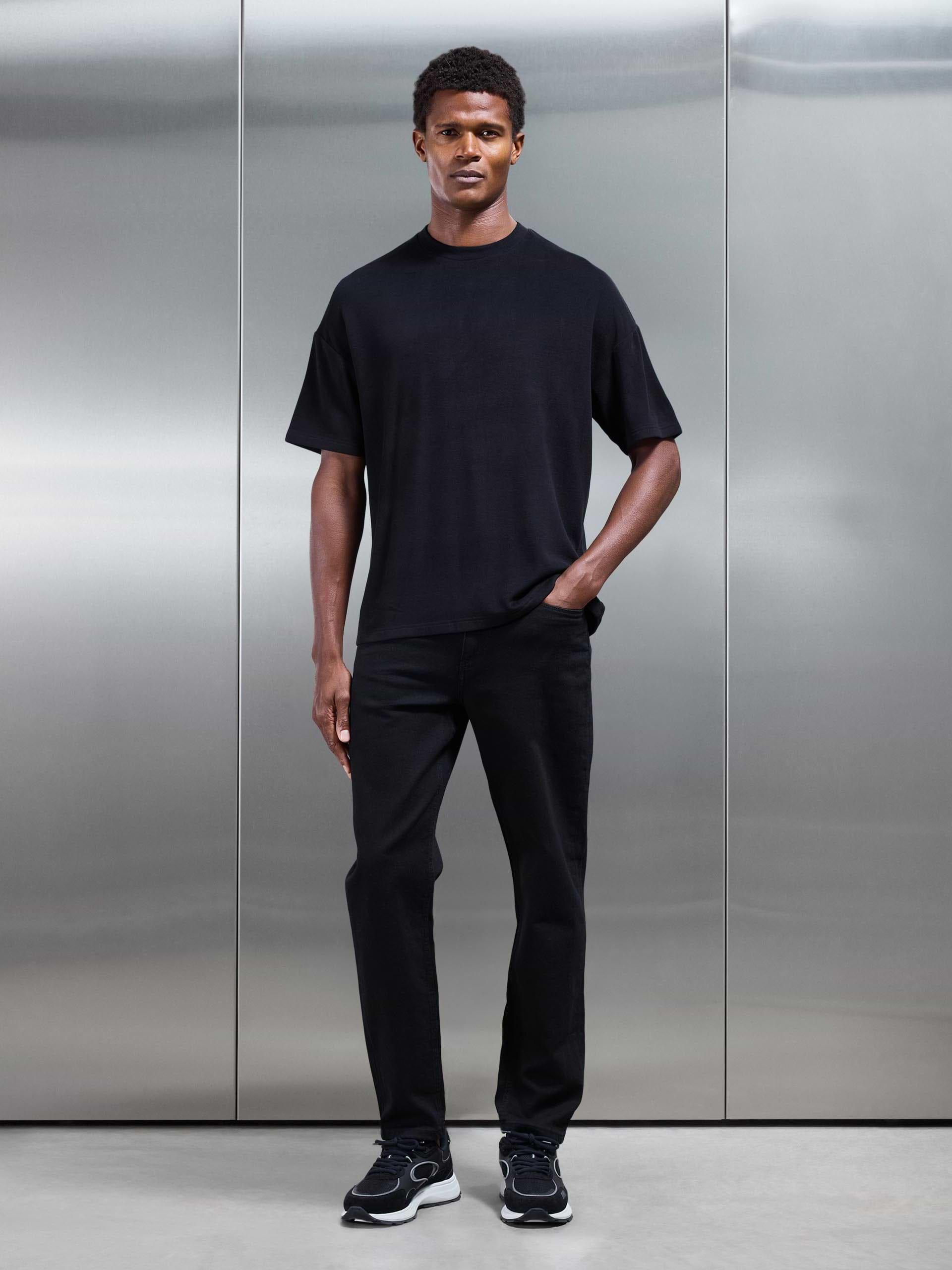 Knitted Textured Relaxed Fit T-Shirt in Black