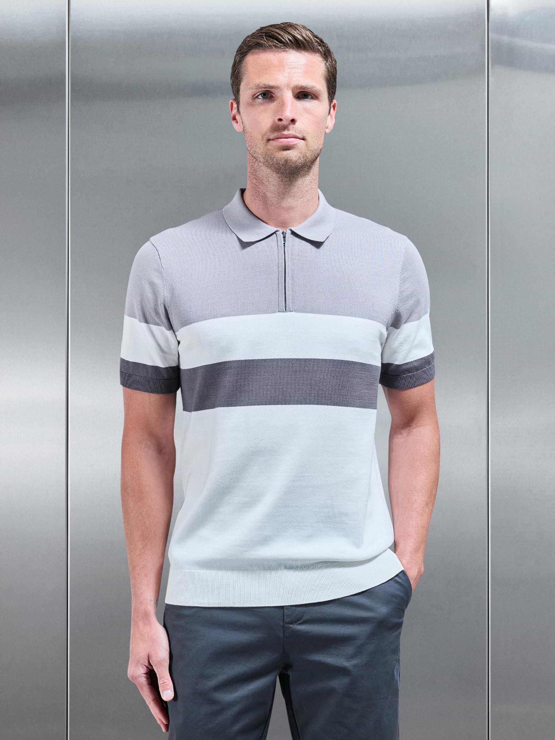 Lario Knitted Zip Polo Shirt in Mid Grey