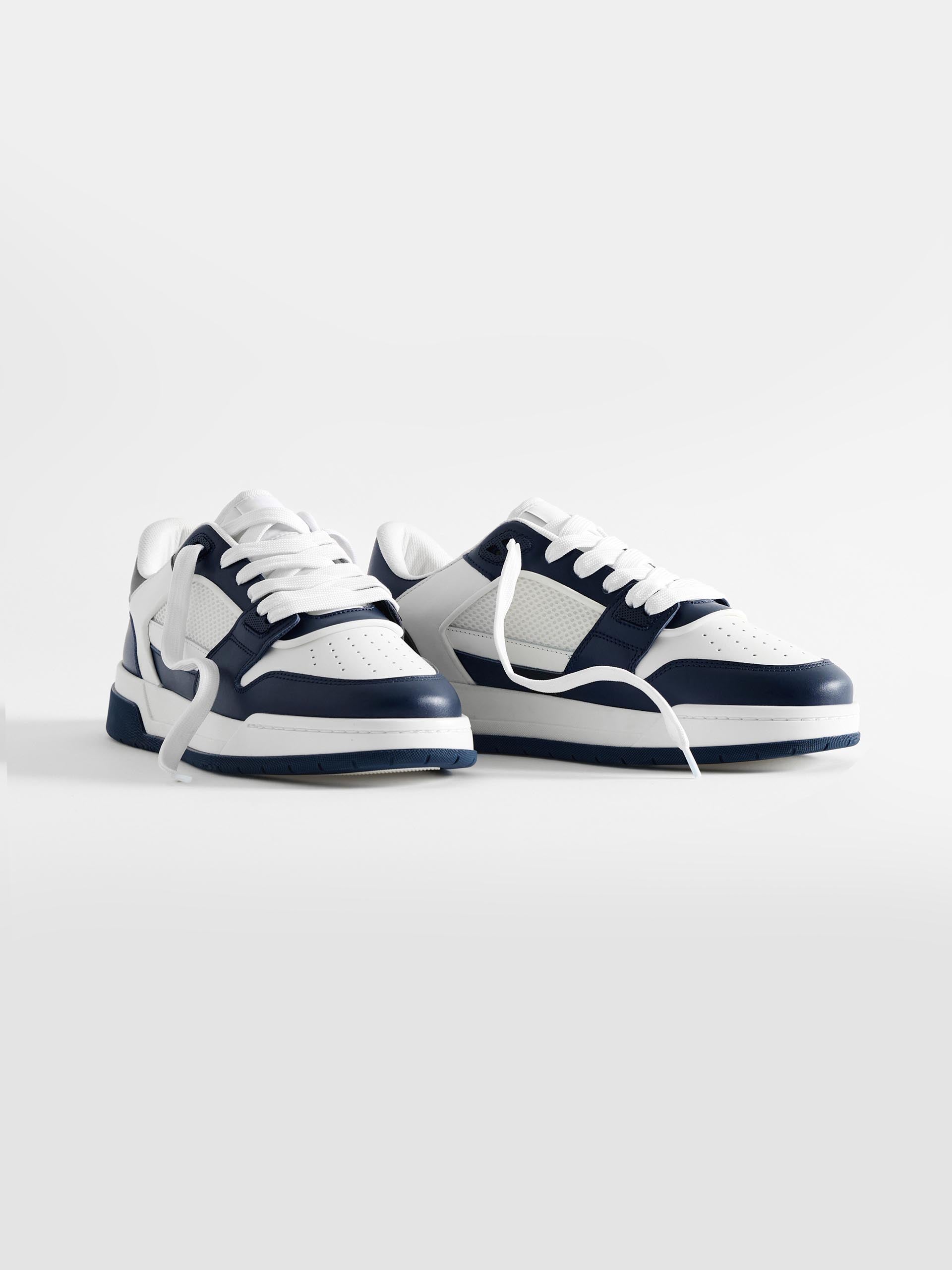 Leather Basket Trainer in White Navy