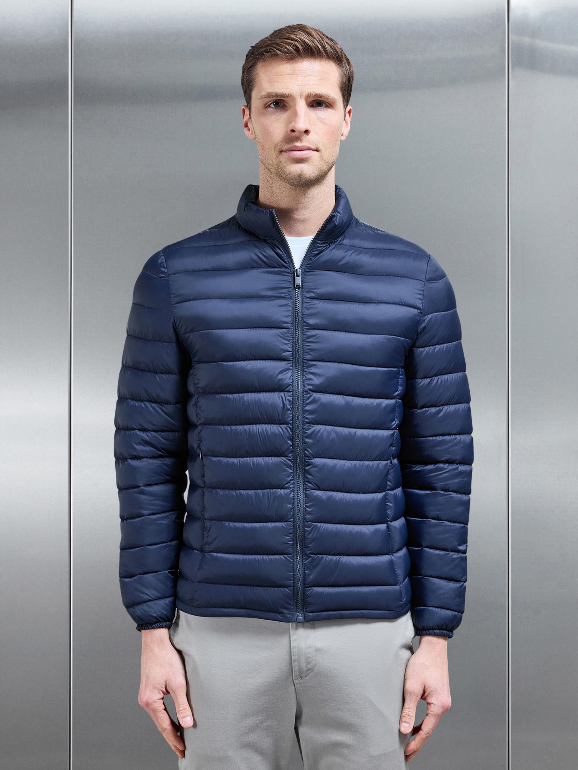 Lightweight Funnel Neck Puffer Jacket in Navy