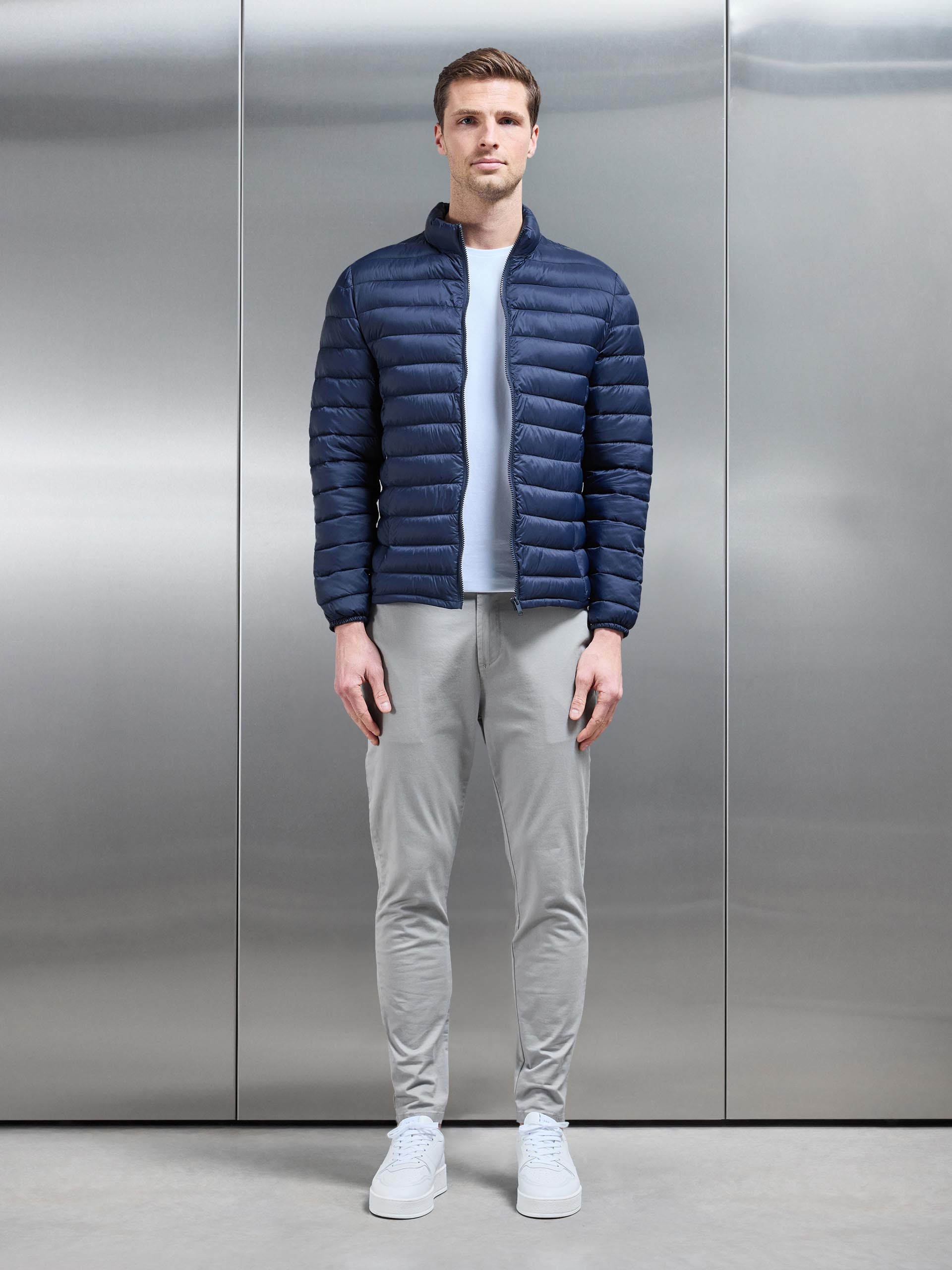 Lightweight Funnel Neck Puffer Jacket in Navy