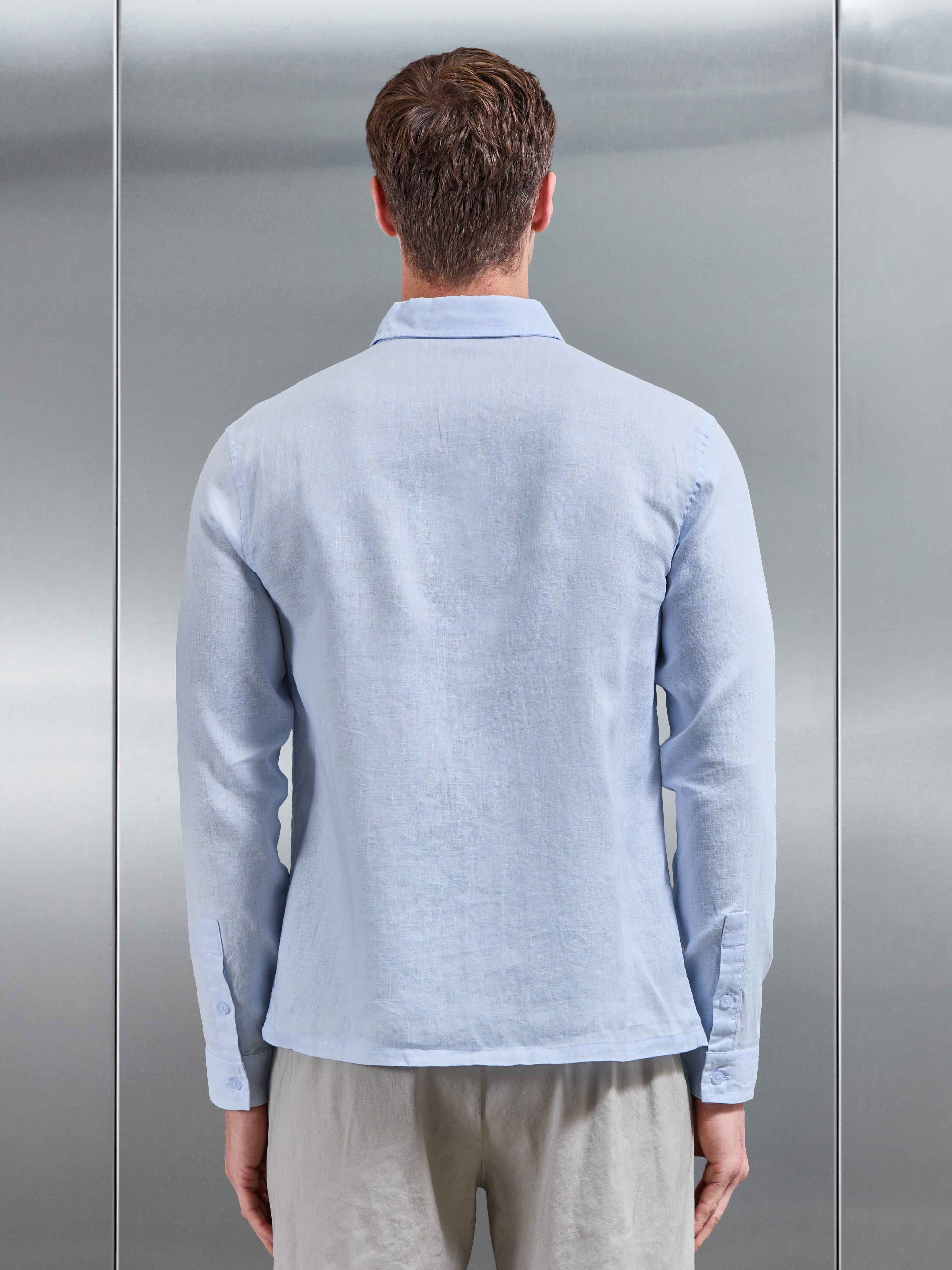Linen Long Sleeve Cutaway Collar Shirt in Light Blue