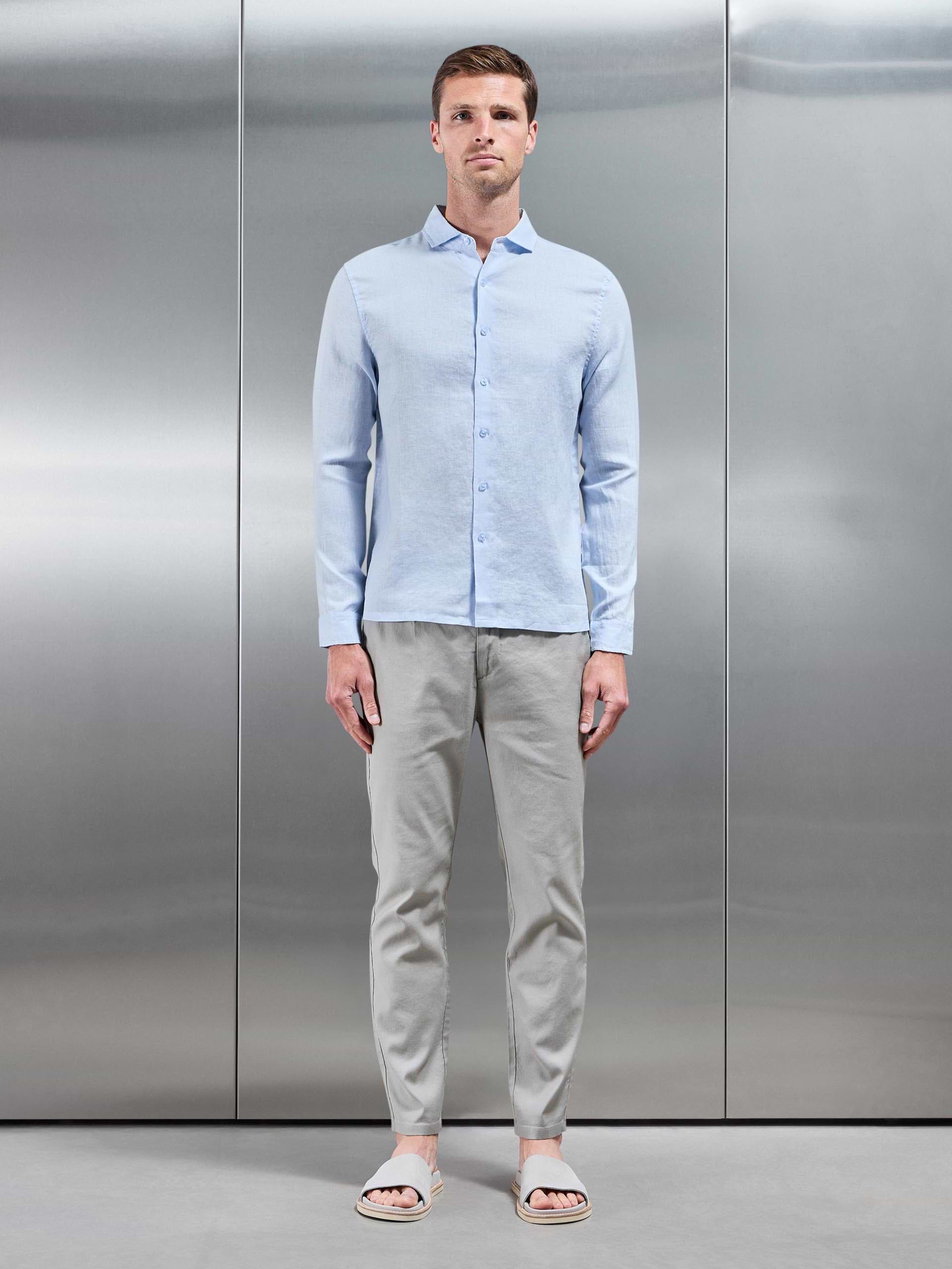 Linen Long Sleeve Cutaway Collar Shirt in Light Blue