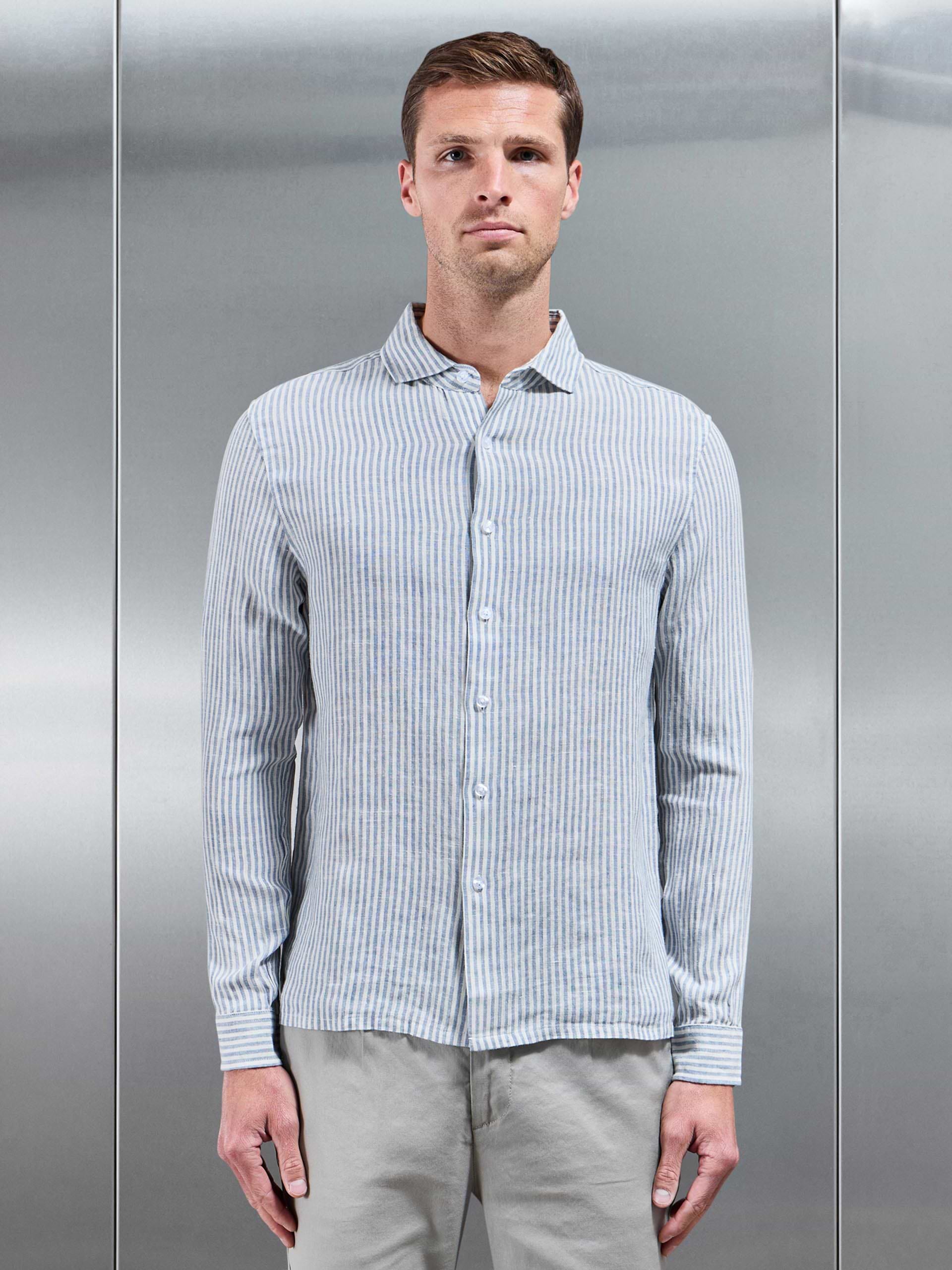 Linen Long Sleeve Stripe Shirt in White Light Blue