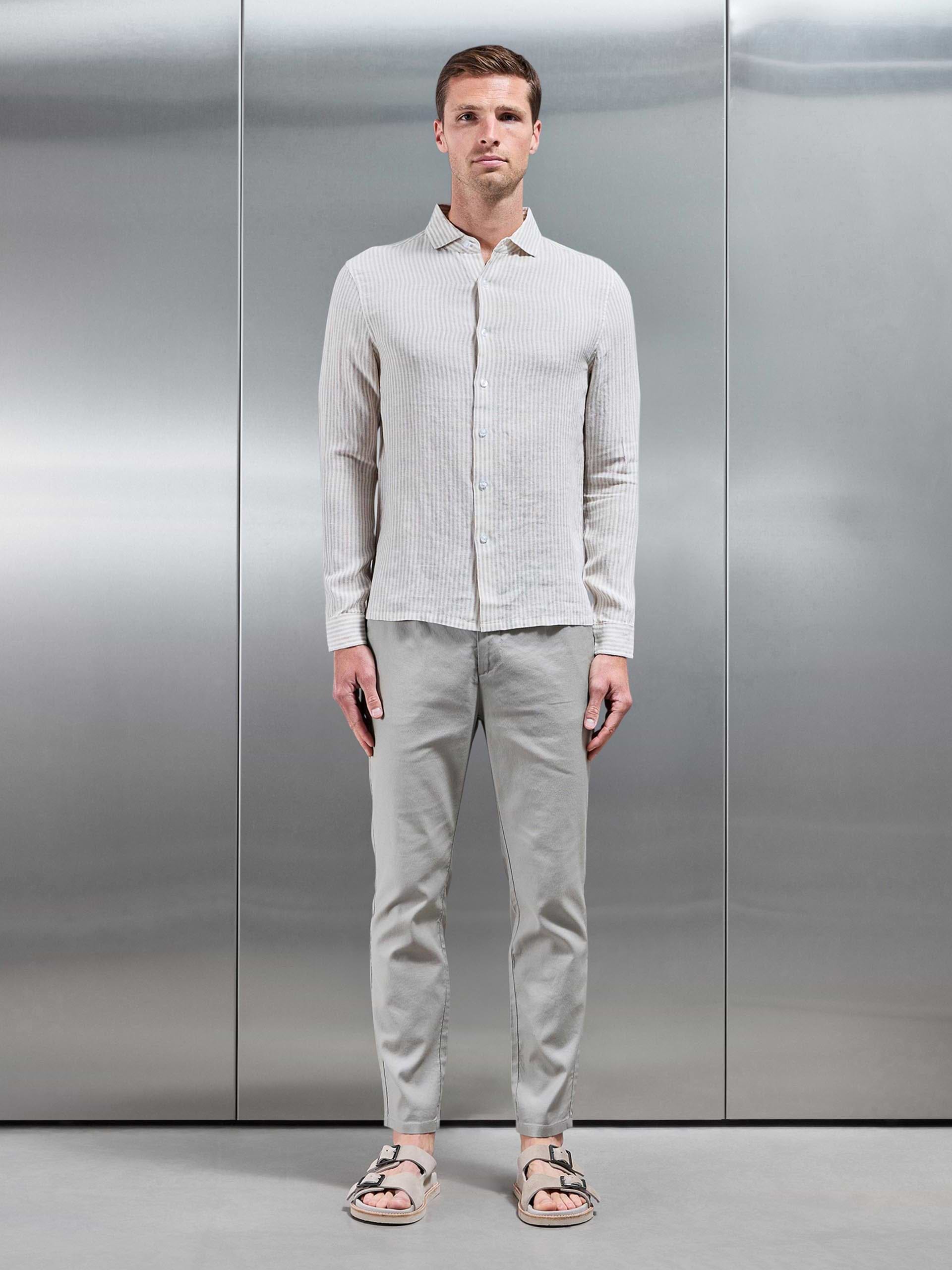 Linen Long Sleeve Stripe Shirt in White Stone