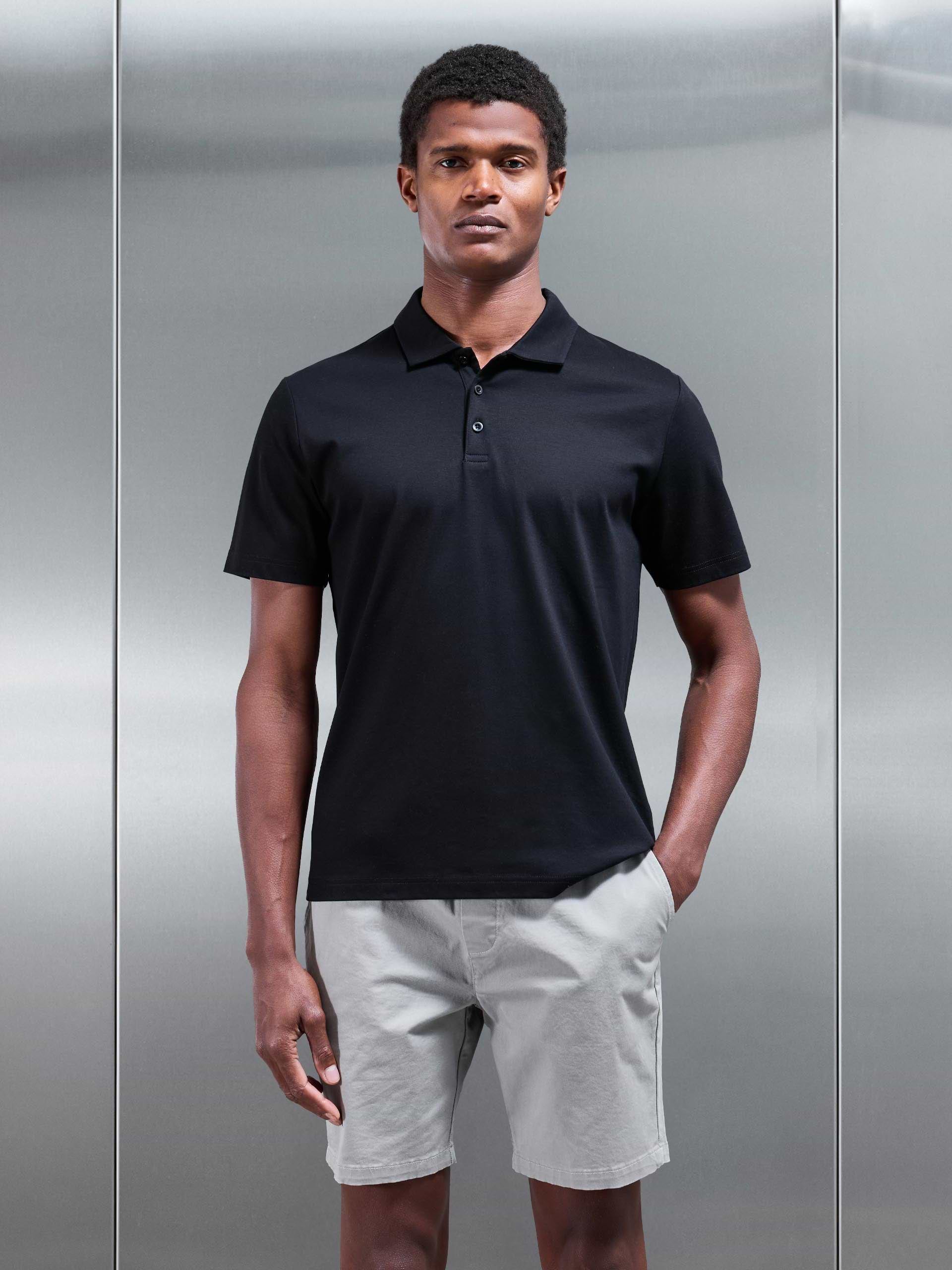 Mercerised Interlock Button Polo Shirt in Black