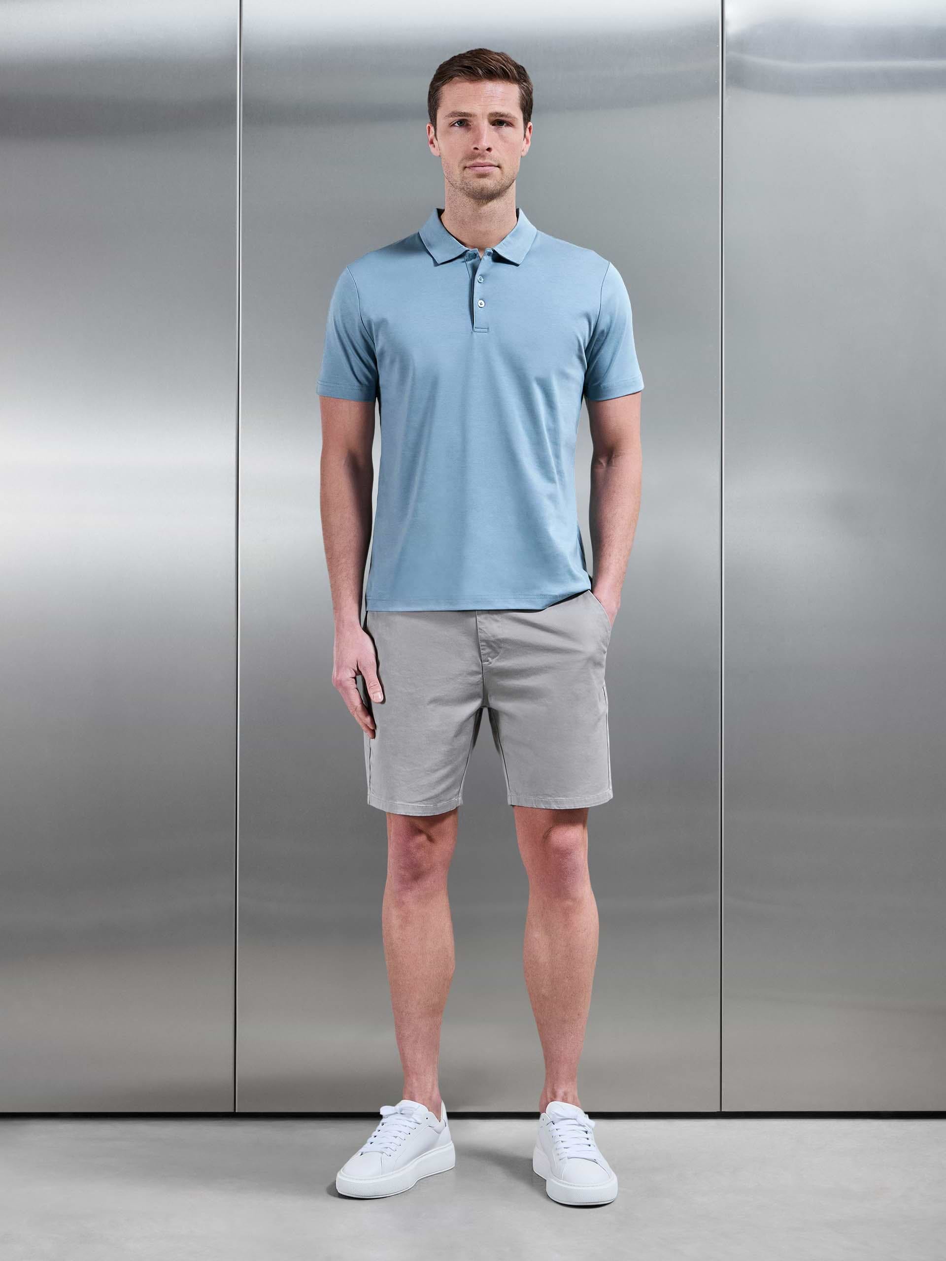 Mercerised Interlock Button Polo Shirt in Light Blue