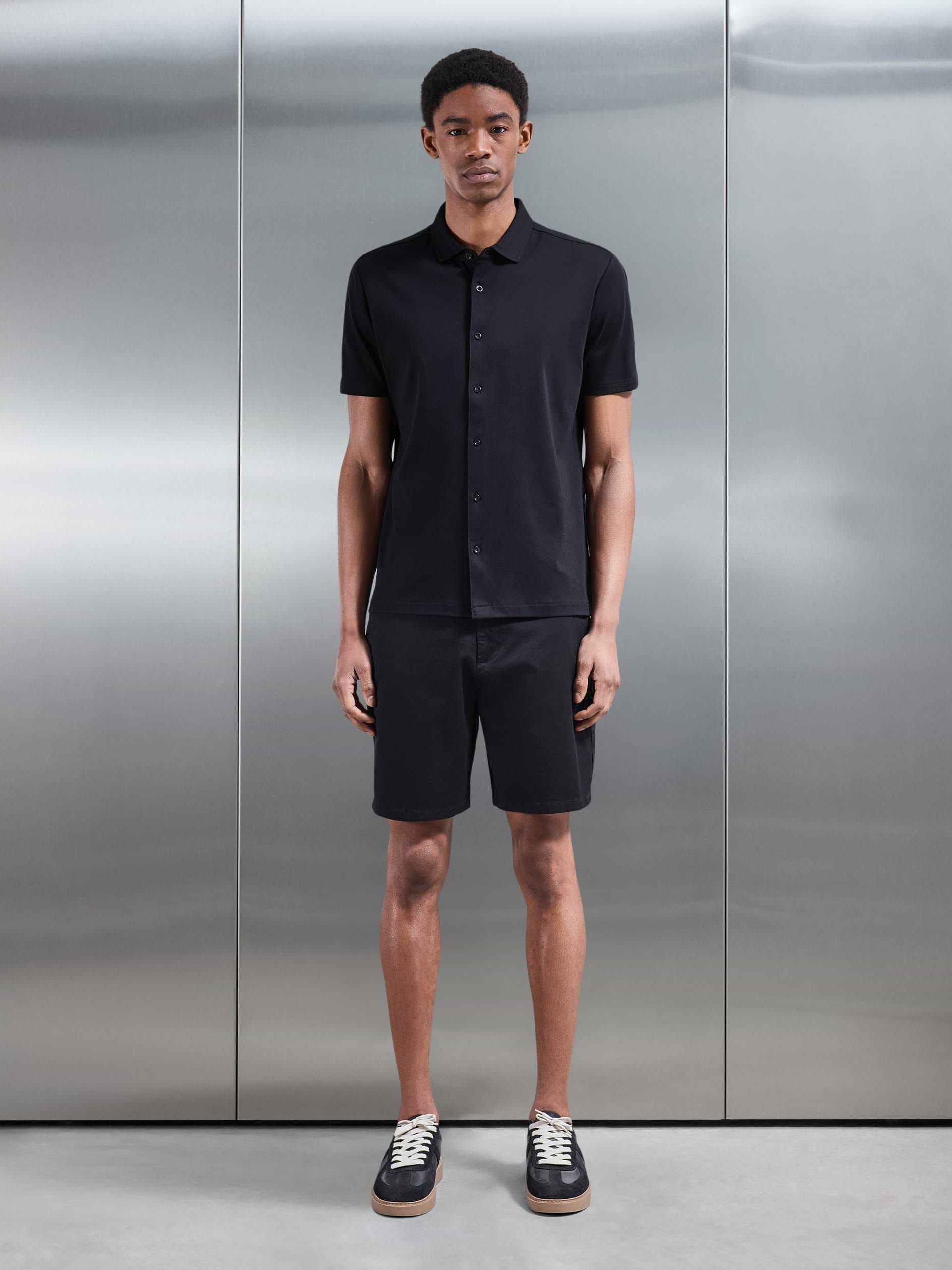 Mercerised Interlock Button Through Shirt in Black