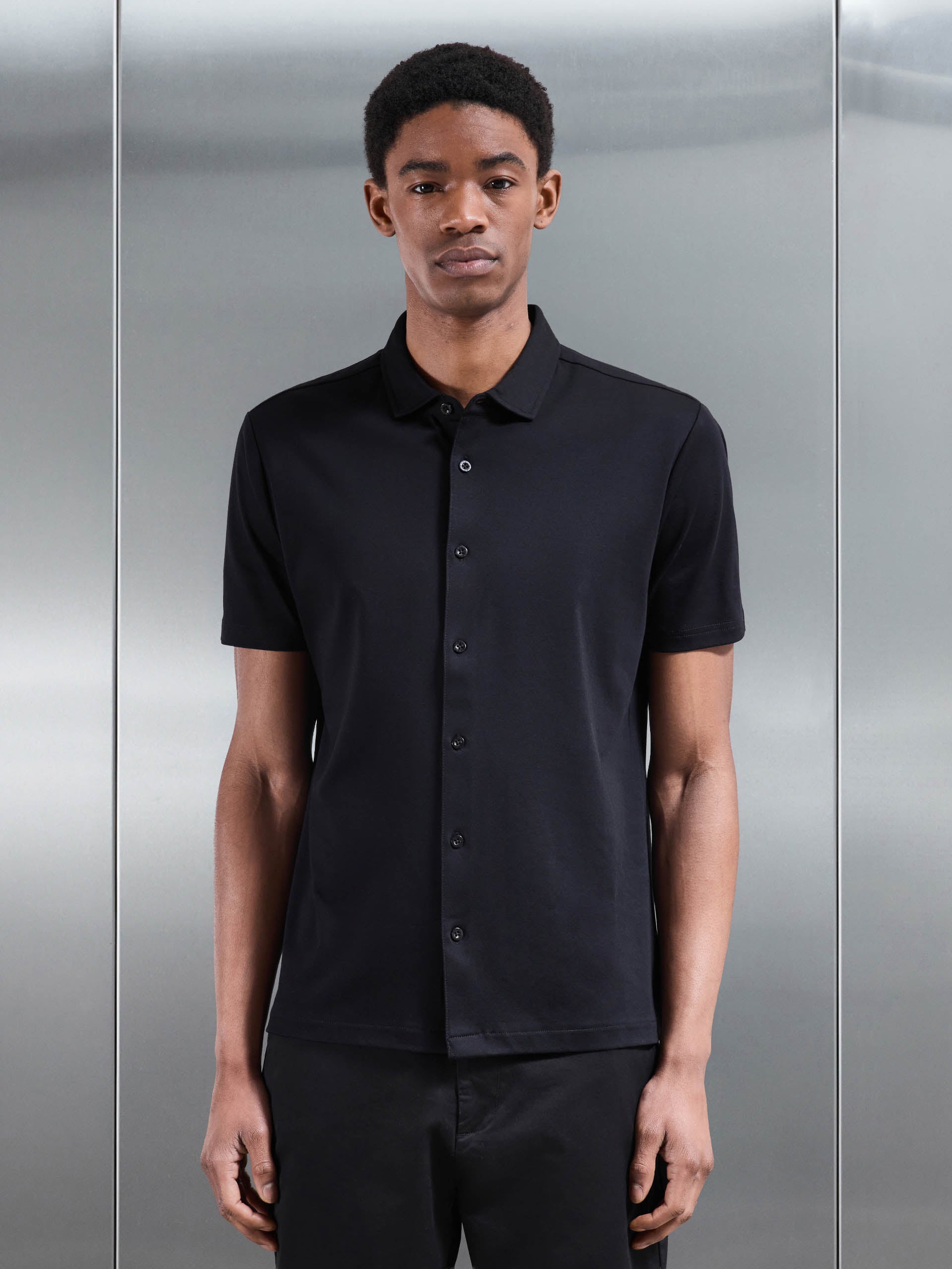 Mercerised Interlock Button Through Shirt in Black