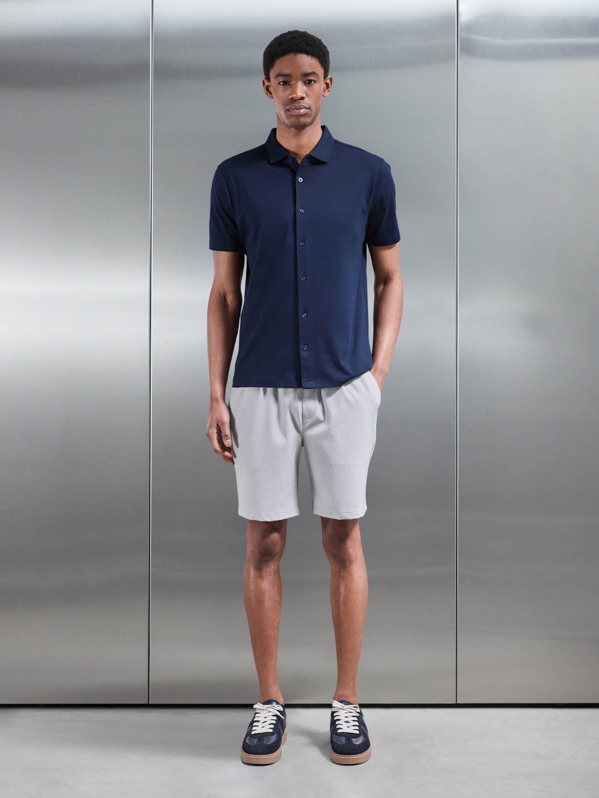 Mercerised Interlock Button Through Shirt in Navy