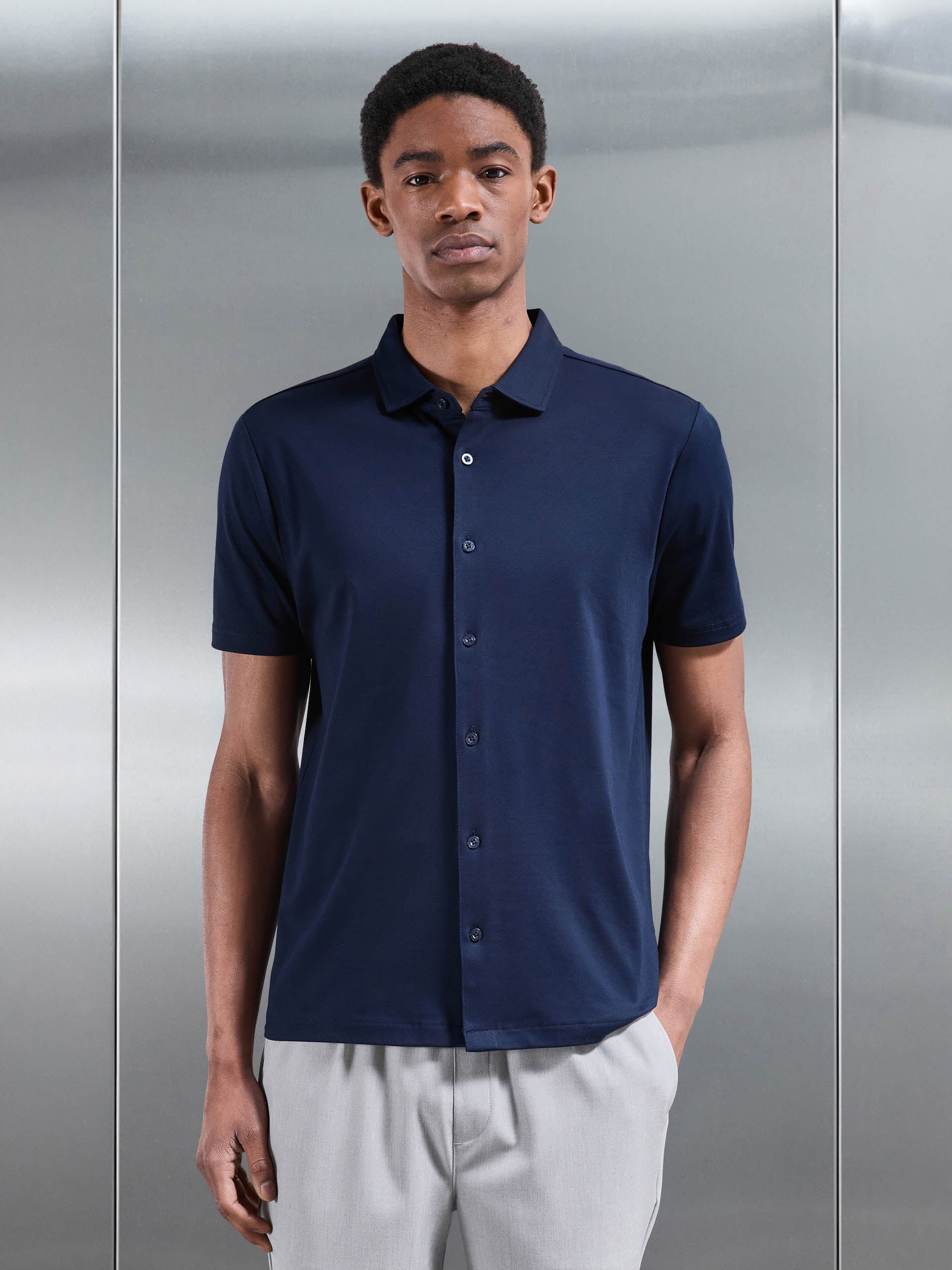 Mercerised Interlock Button Through Shirt in Navy
