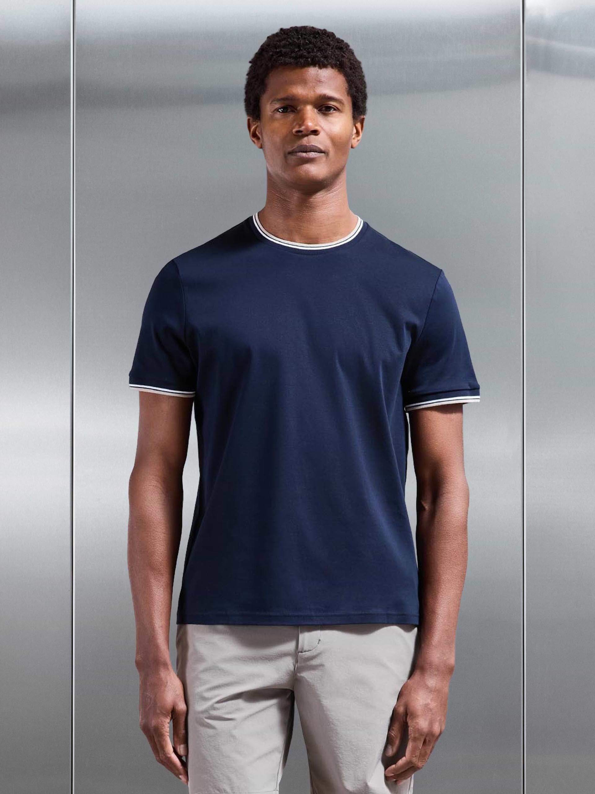 Mercerised Interlock Tipped T-Shirt in Navy